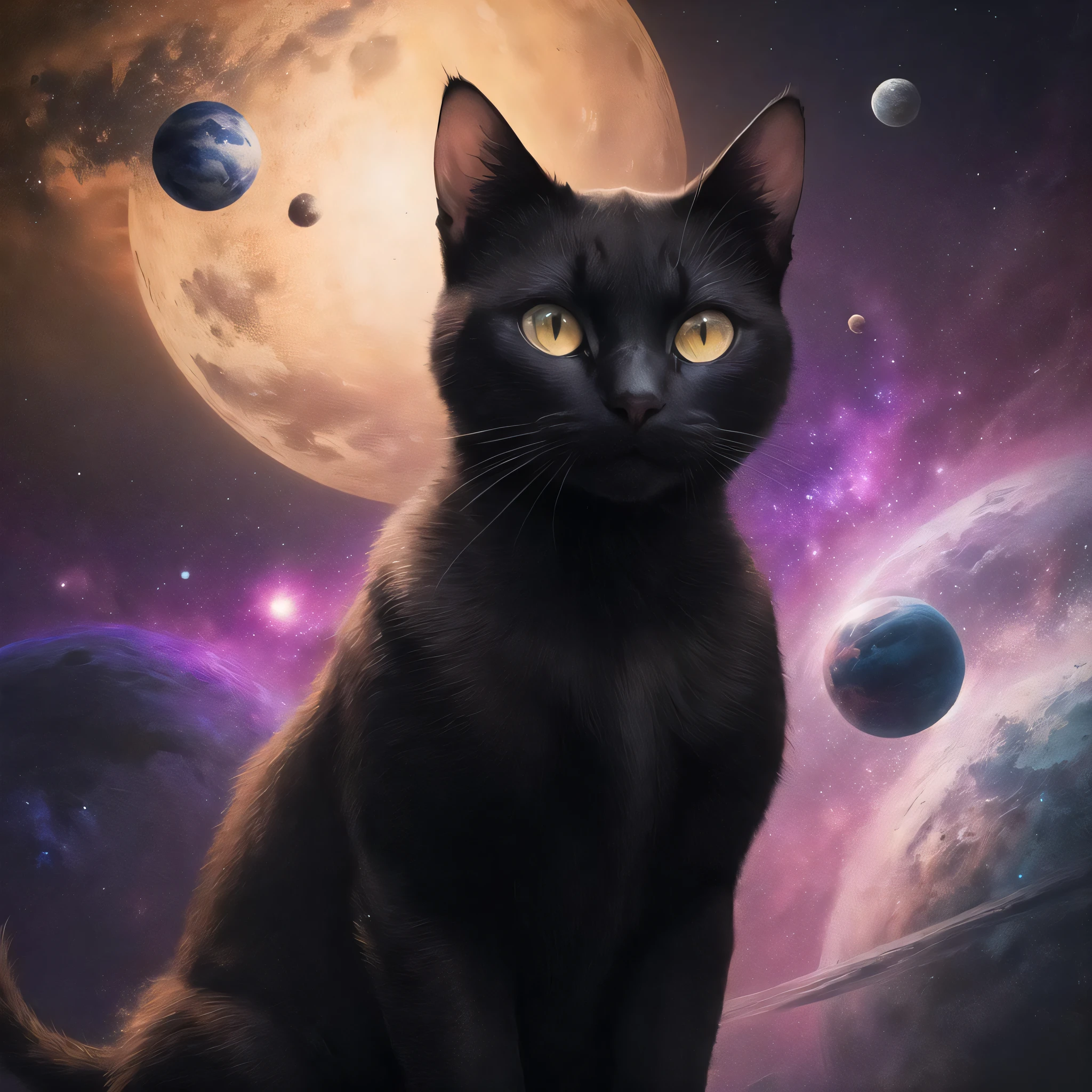 ((best quality)), ((masterpiece)), (detailed), ((Black cat)) ,black and white portrait of a black cat in the head of the universe, looking confident, HDR, 8k, rule of thirds, award-winning photo, painting, colorful, planets, purple galaxy, starlight, double exposure, planets