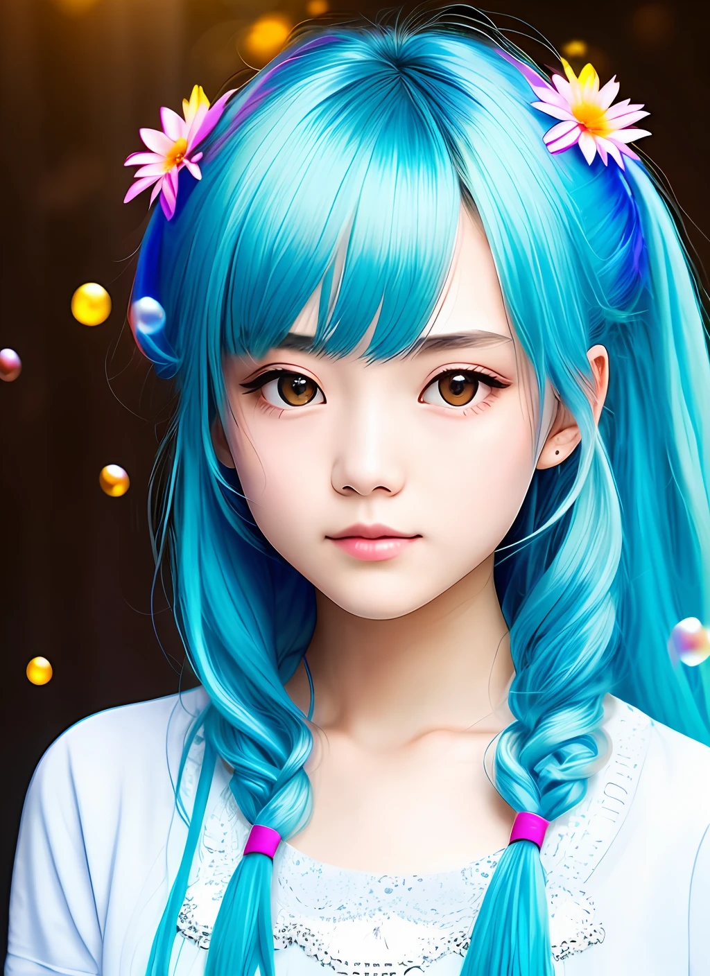 (masterpiece), (best quality), (ultra detailed),(disheveled hair),(illustration), (1girl), (Fashionable clothing), standing, Fashion model, looking at viewer, (interview), (simple background),beautiful detailed eyes, delicate beautiful face, Floating,(high saturation),(colorful splashes),colorful bubble,(shining), focus on face, ponytail, kamisato ayaka, light blue hair, bangs, hair ring, floating flowers, floating hairs, (shining), best lighting, best shadow,