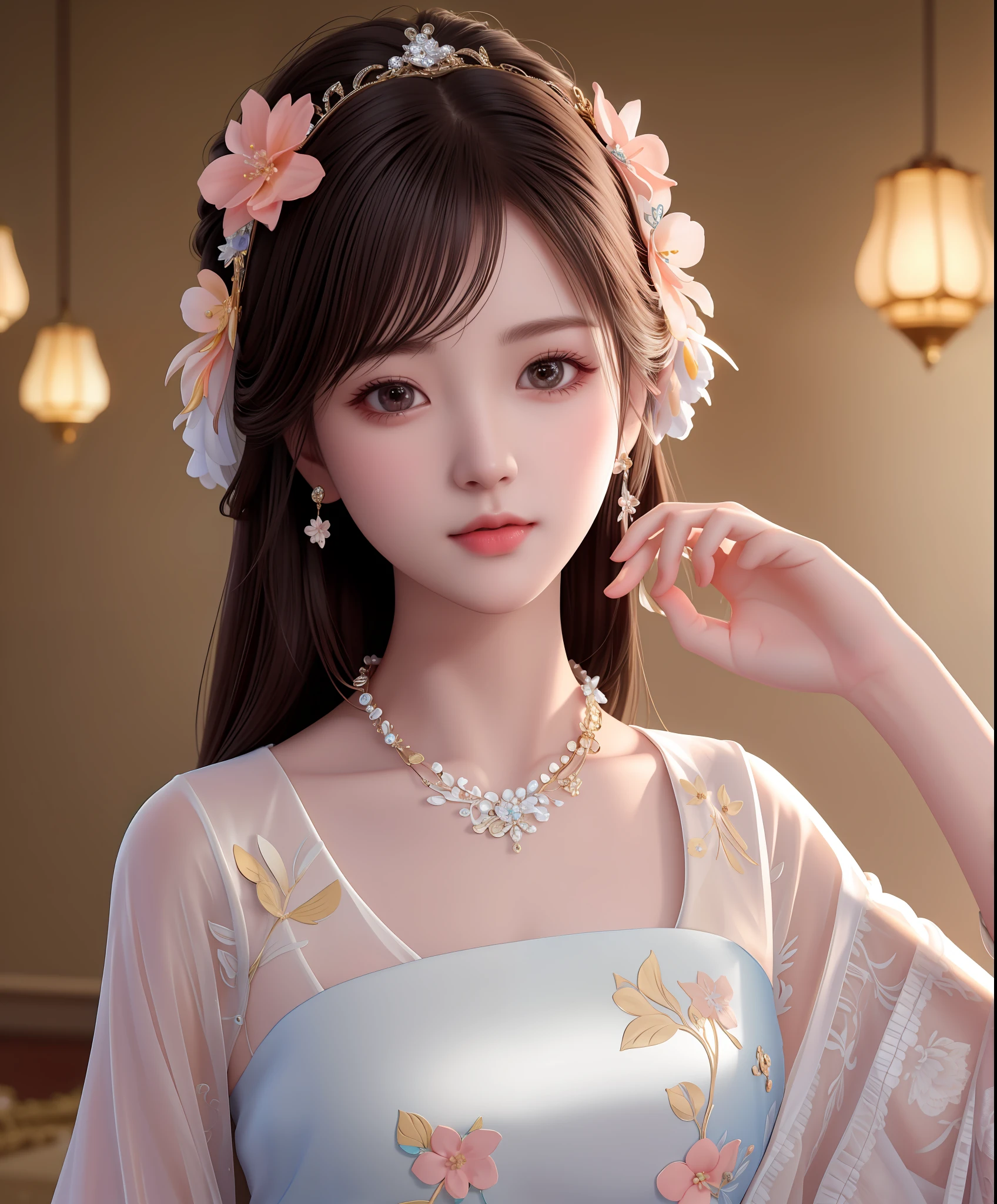 Best Quality, Masterpiece, High Resolution, 1Girl, Porcelain Dress, Hair Accessories, Necklace, Jewelry, Beautiful Face, Body, Tyndall Effect, Realistic, Dark Studio, Edge Lighting, Two-tone Lighting, (High Detail Skin: 1.2), 8K UHD, DSLR, Soft Light, High Quality, Volumetric Light, Voyeur, Photo, High Resolution, 4K, 8K, Background Blur, Lots of Peach Blossoms