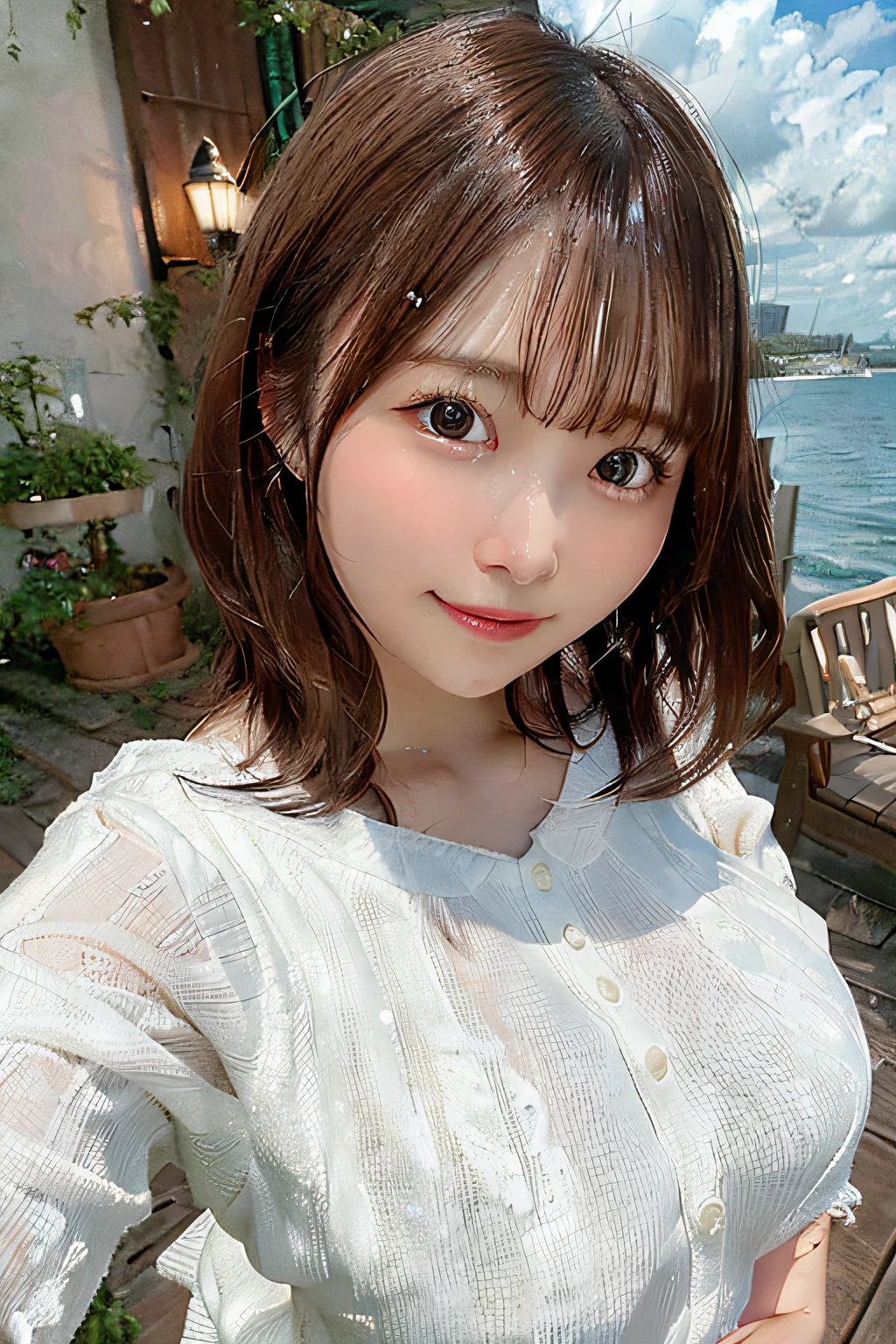 {{{masterpiece}}},best quality,Amazing,finely detail,solo,cinematic lighting,close-up,{{floating hair}},outdoors,detailed background,beautiful detailed eyes,bright pupils,dynamic pose,dynamic angle,looking at viewer,detailed clothes,{best quality}, {highres}, original, extremely detailed 8K wallpaper,(shy), look at camera,{an extremely delicate and beautiful}, 1 girl,exposed breast,thighs open, brown hair, asymmetrical bang, long hair, bang, windy, floating hair, (closed mouth), smile, full body, detailed face, ocean background, (white transparant knit sweater, skirt), belly button, sunshine ,smooth skin, ((both hands behind head)), upper body,