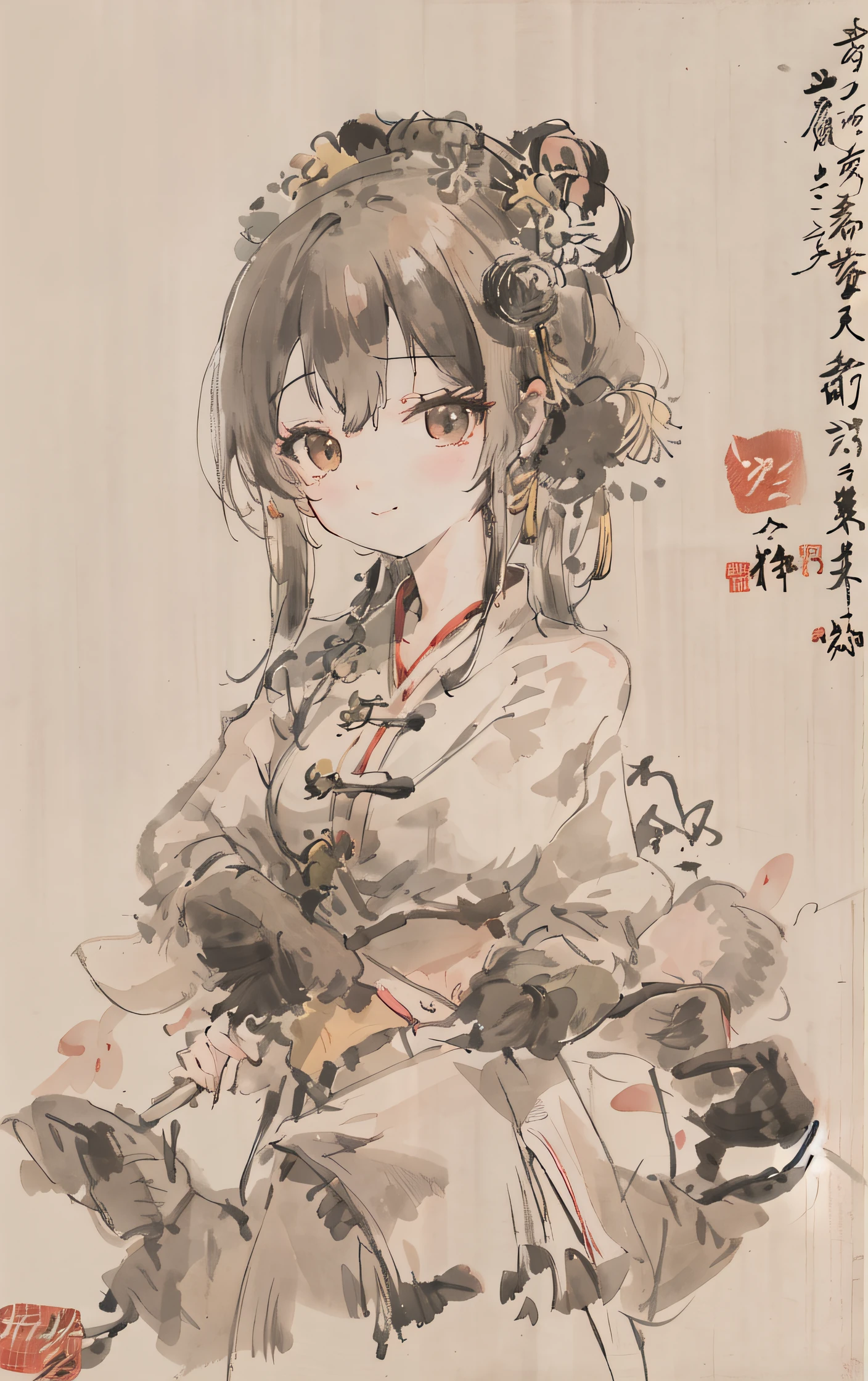 shukezouma, negative space, , shuimobysim , portrait of a woman standing , willow branches, (masterpiece, best quality:1.2), traditional chinese ink painting, modelshoot style, peaceful, (smile), looking at viewer, wearing long hanfu, hanfu, song, willow tree in background, wuchangshuo,