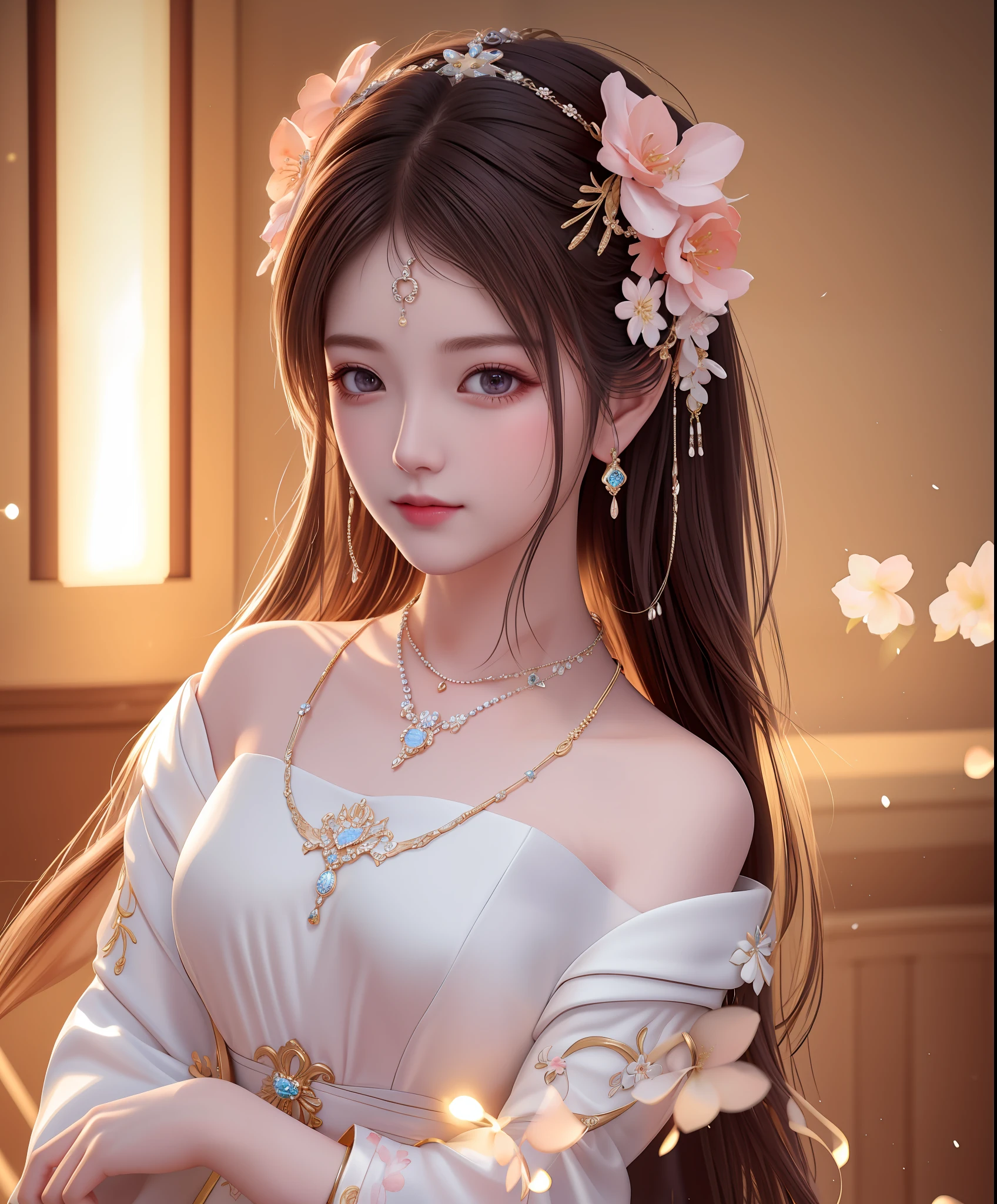 Best Quality, Masterpiece, High Resolution, 1Girl, Porcelain Dress, Hair Accessories, Necklace, Jewelry, Beautiful Face, Body, Tyndall Effect, Realistic, Dark Studio, Edge Lighting, Two-tone Lighting, (High Detail Skin: 1.2), 8K UHD, DSLR, Soft Light, High Quality, Volumetric Light, Voyeur, Photo, High Resolution, 4K, 8K, Background Blur, Lots of Peach Blossoms