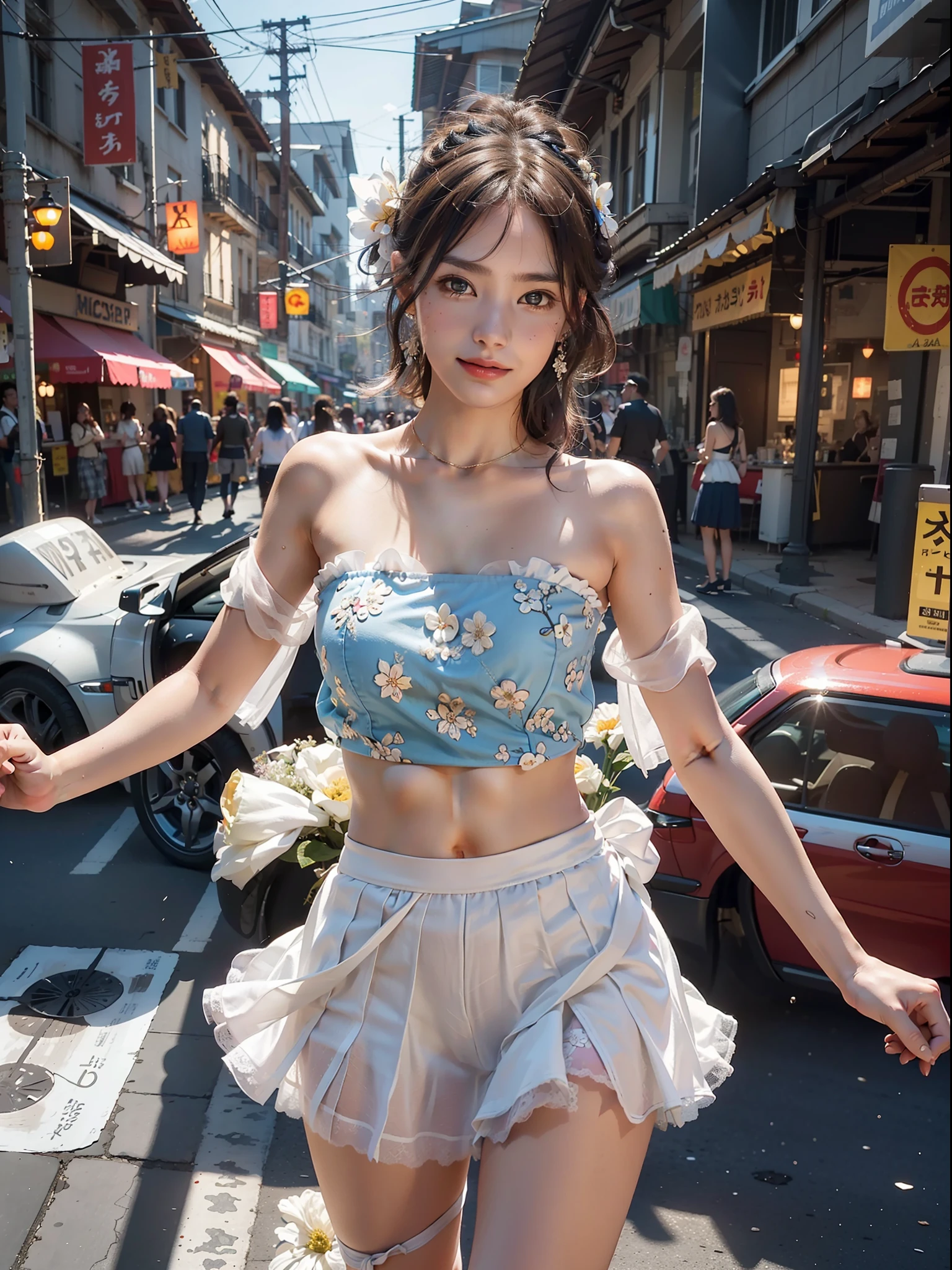 1 gril, brunette hair, messy hair, headband, hair flower, strapless vest, fan openwork tulle vest, shoulders, navel, blue tulle short skirt, tears of happiness, smile, pout, semi-sideways, looking back, street, facing the viewer, full body shot, realism, cinematic lighting, chiaroscuro, perspective, bokeh, masterpiece, ccurate, anatomically correct, textured skin, high detail, high quality, best quality, 8k
