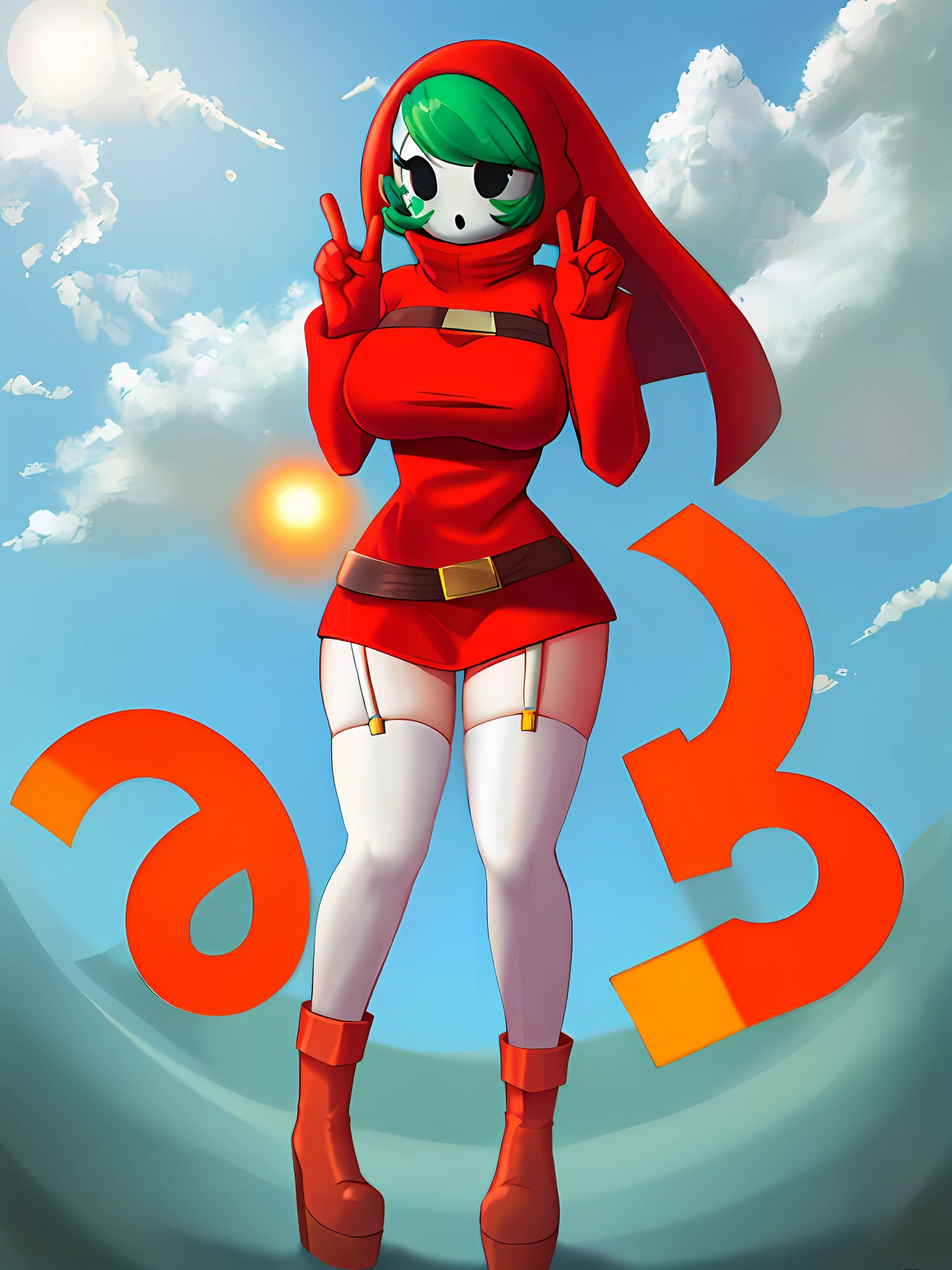 ((Best Quality, 4K, Masterpiece: 1.3)), a beautiful woman with perfect figure: 1.4, highly detailed facial and skin texture, shy guy mask on face, green hair, short red dress (mccalls m7430) and blue boots, thighhighs (white, garter belt), brown waist belt (yellow buckle), full body, full costume, full body wide shot, (holding up peace signs: 1.2), forest, sun rays through trees, river in background