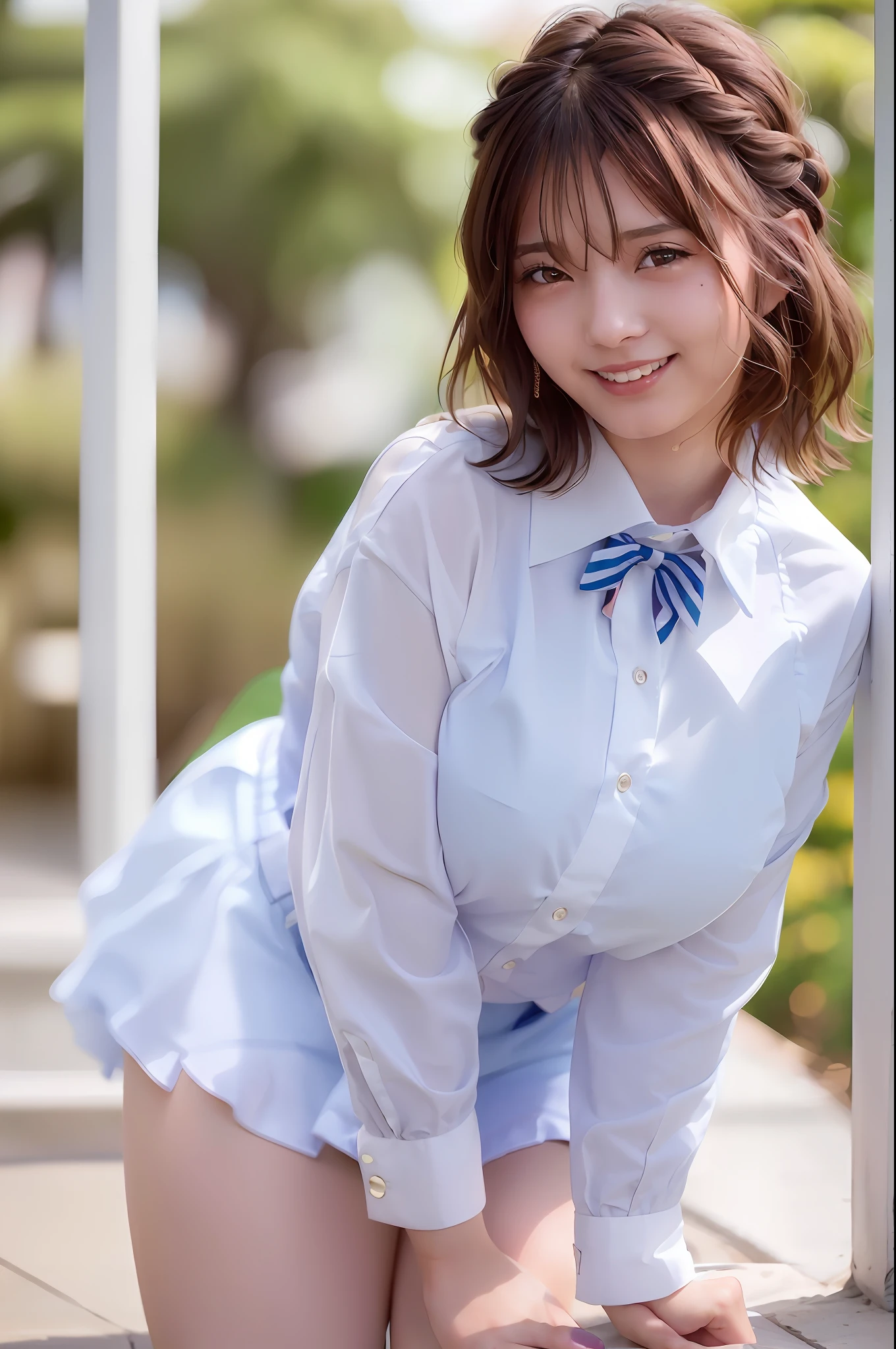 (skin spots: 1.2), (skin dentation), Black eyes, 1 female, 25 years old, ((((Female))), Solo, Real, Best Quality, Photorealistic, Masterpiece, 8K, High Resolution, Solo, Very Detailed Face, (Professional Lighting, Bokeh), (Light Particle, Lens Flare, Luminous Particle: 0.6), (Dynamic Pause: 1.2), Soft Lighting, Top Angle View, fashionable and trendy, Japan, street, urban, Tokyo, Minato, ((daytime)), sky, ((view viewer:1)), (look at camera), (portrait: 0.6), gorgeous, standing, keep the original facial proportions, wide shoulders, full body, (big breasts), (short hair), brown hair, floating hair, lips, lipstick, seductive smile, floating hair, smile, open_mouth, teeth, Eyelashes, moles, (moles under the eyes: 1), plump body, plump breasts, tearing breasts, large breasts, thighs, hairstyles, braids, stockings, stripes, M-shaped legs, thighs open, receptionist, office uniform