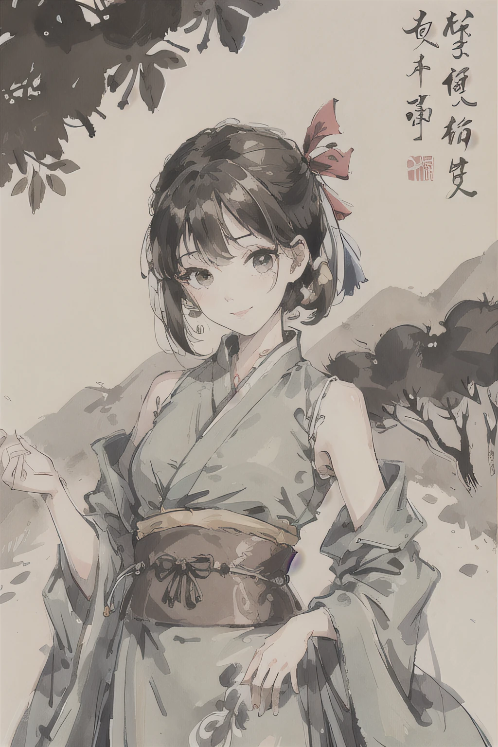 (masterpiece),best quality,good anatomy, shuimobysim,(1 girl:1), (upper body),(smile),short hair,(hanfu),(ecchi0.5), (trees:0.5), (flowers:0.6) ,(wooden house:0.2),(bamboo forest:0.2),(creek:0.2),(river:0.2),