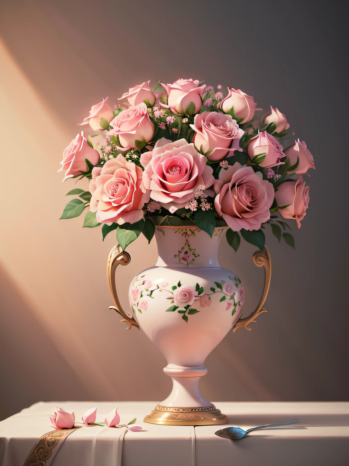 There is a painting of a vase with pink roses, elegant flowers, ornate translucent roses, beautiful aesthetics, elegant digital painting, roses, exploding roses, magic flowers, beautiful flowers, beautiful art, incredibly beautiful, I dream of a vase of flowers, decorative roses, oil painting of realistic flowers, elegant and ornate, pink flowers, beautiful and elegant