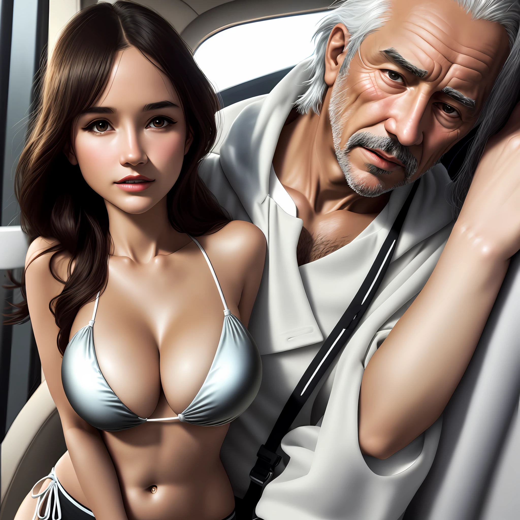 A luxury yacht, a bikini girl kissing an older man, big-breasted girl, best quality, masterpiece, high resolution, Tindal effect, realism, shadow studio, edge lighting, two-tone lighting, (high detail skin: 1.2), 8k UHD, DSLR, soft light, high quality, volumetric lighting, photo, high resolution 4K, 8k, blurred background