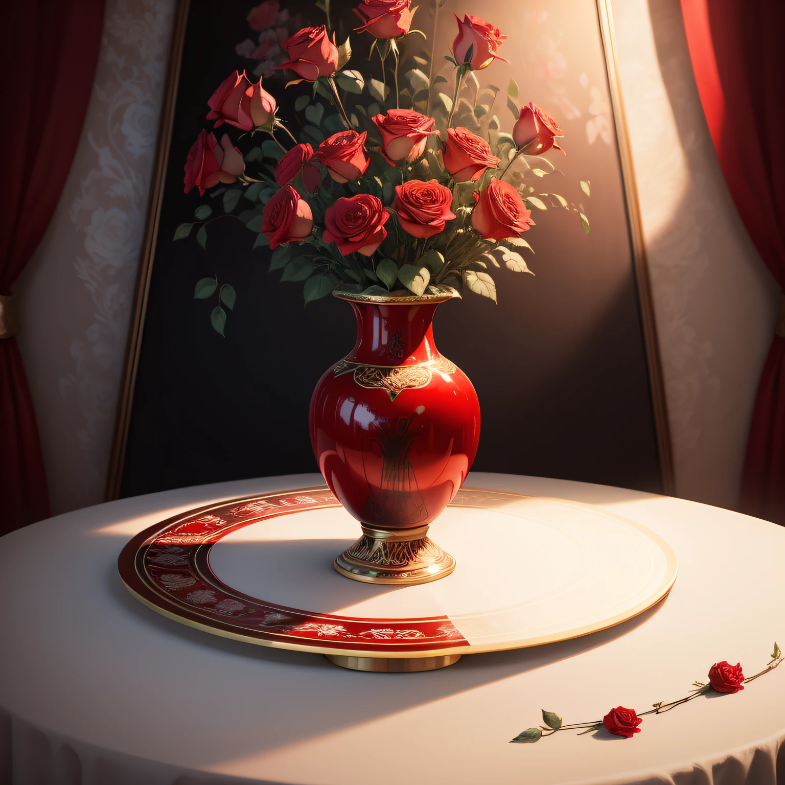 There is a painting of a vase with red roses, elegant flowers, ornate translucent roses, beautiful aesthetics, elegant digital painting, roses, exploding roses, magical flowers, beautiful flowers, beautiful art, incredibly beautiful, I dream of a vase of flowers, decorative roses, oil painting of realistic flowers, elegant and ornate, red flowers, beautiful and elegant