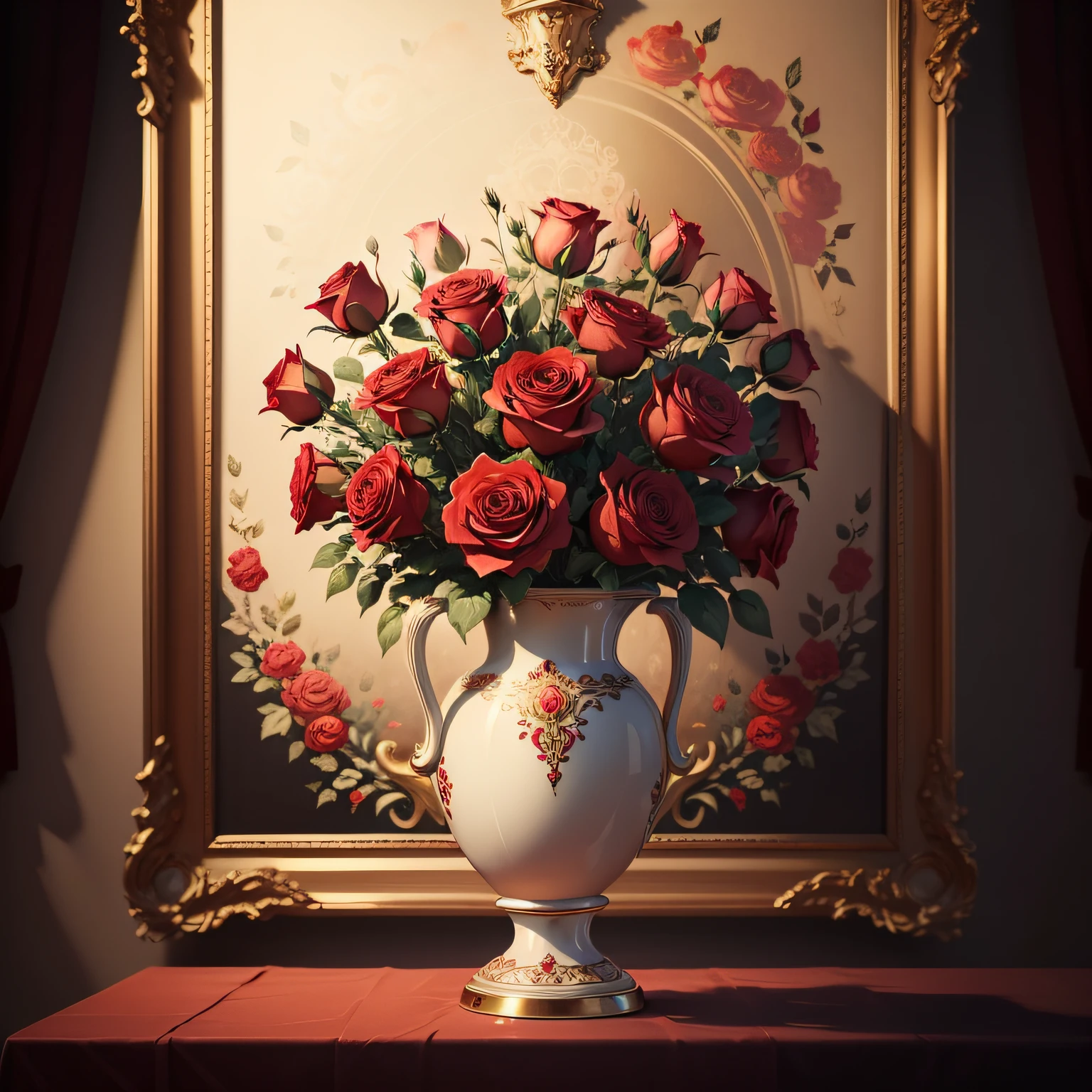 There is a painting of a vase with red roses, elegant flowers, ornate translucent roses, beautiful aesthetics, elegant digital painting, roses, exploding roses, magical flowers, beautiful flowers, beautiful art, incredibly beautiful, I dream of a vase of flowers, decorative roses, oil painting of realistic flowers, elegant and ornate, red flowers, beautiful and elegant