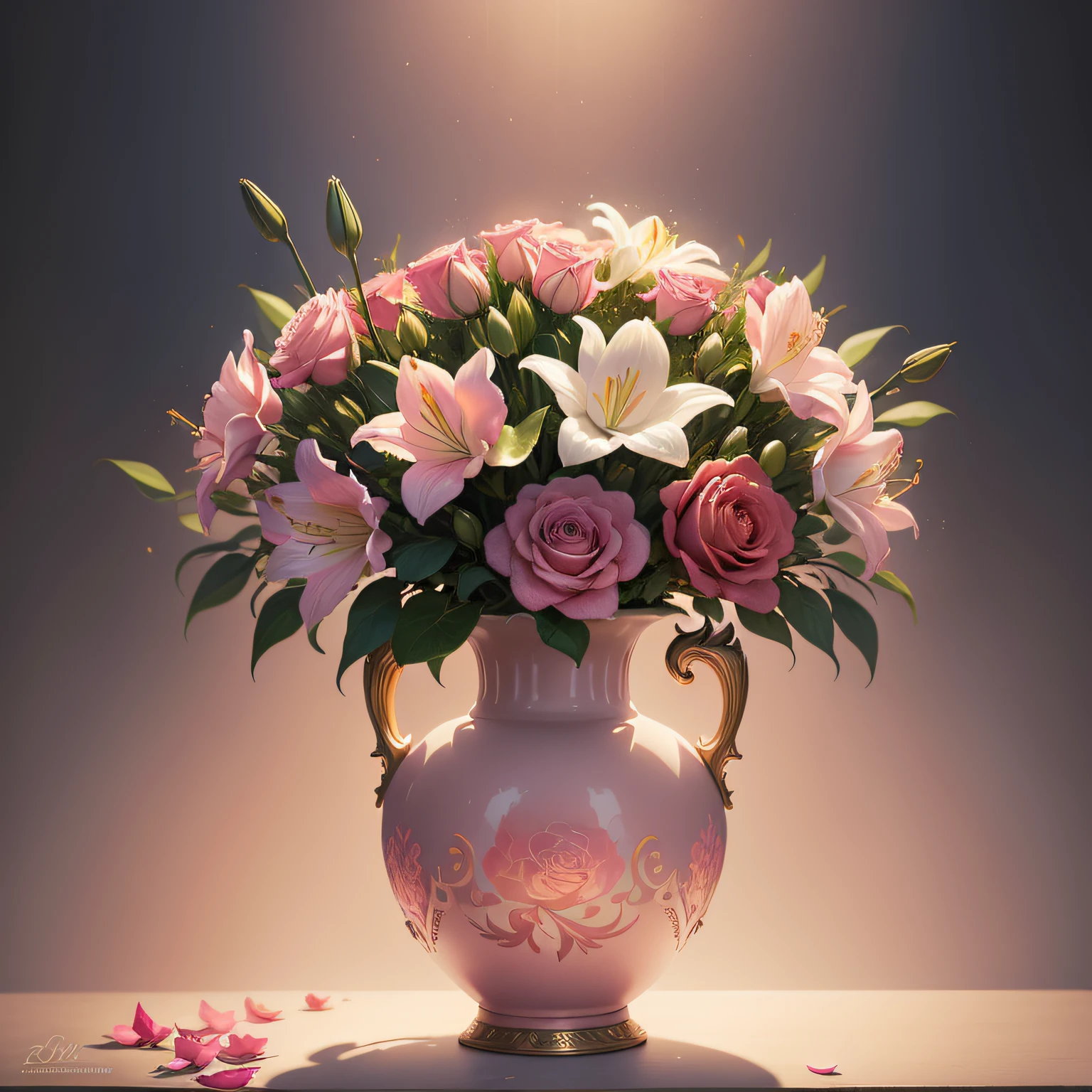 There is a painting of a vase with pink lilies, elegant flowers, ornate translucent roses, beautiful aesthetics, elegant digital painting, roses, exploding roses, magic flowers, beautiful flowers, beautiful art, incredibly beautiful, I dream of a vase of flowers, decorative roses, oil painting of realistic flowers, elegant and ornate, flowers, beautiful and elegant