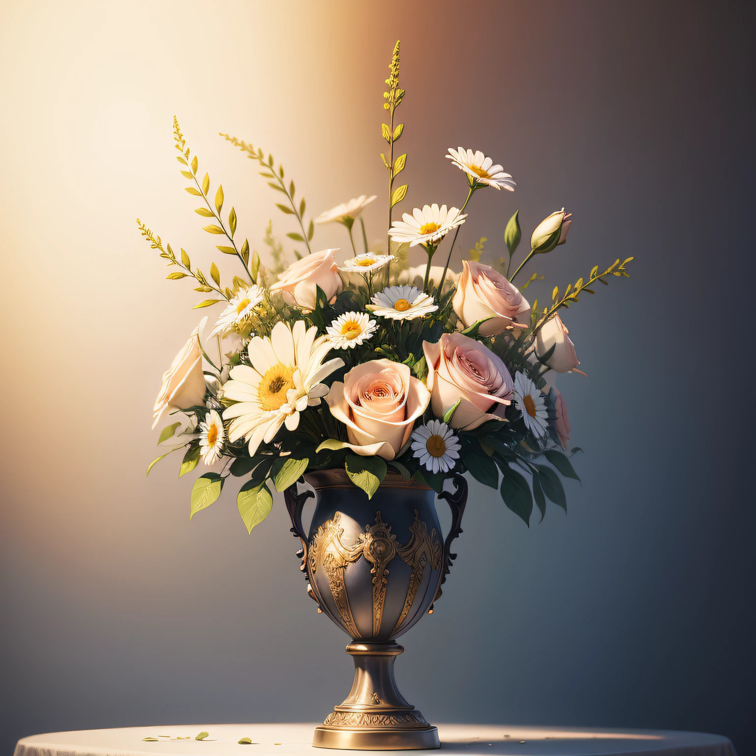 There is a painting of a vase with daisies, elegant flowers, ornate translucent roses, beautiful aesthetics, elegant digital painting, roses, exploding roses, magical flowers, beautiful flowers, beautiful art, incredibly beautiful, I dream of a vase of flowers, decorative roses, oil painting of realistic flowers, elegant and ornate, flowers, beautiful and elegant, on the outside, lit from the front