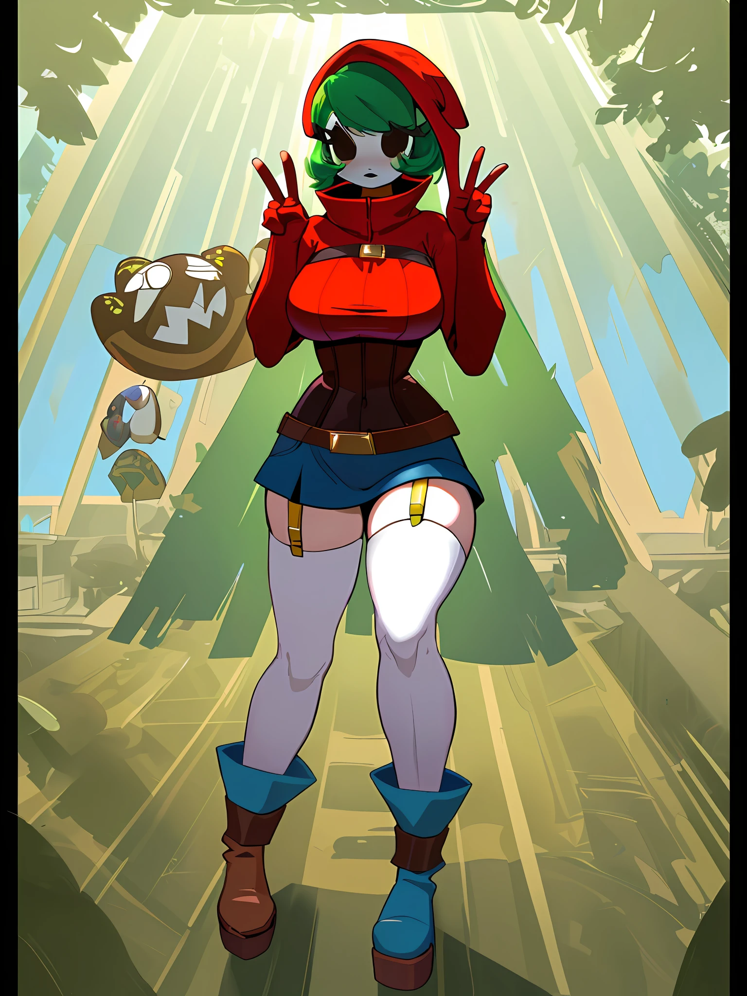 ((Best Quality, 4K, Masterpiece: 1.3)), a beautiful woman with perfect figure: 1.4, highly detailed facial and skin texture, shy guy mask on face, green hair, short red dress (mccalls m7430) and blue boots, thighhighs (white, garter belt), brown waist belt (yellow buckle), full body, full costume, full body wide shot, (holding up peace signs: 1.2), forest, sun rays through trees, river in background