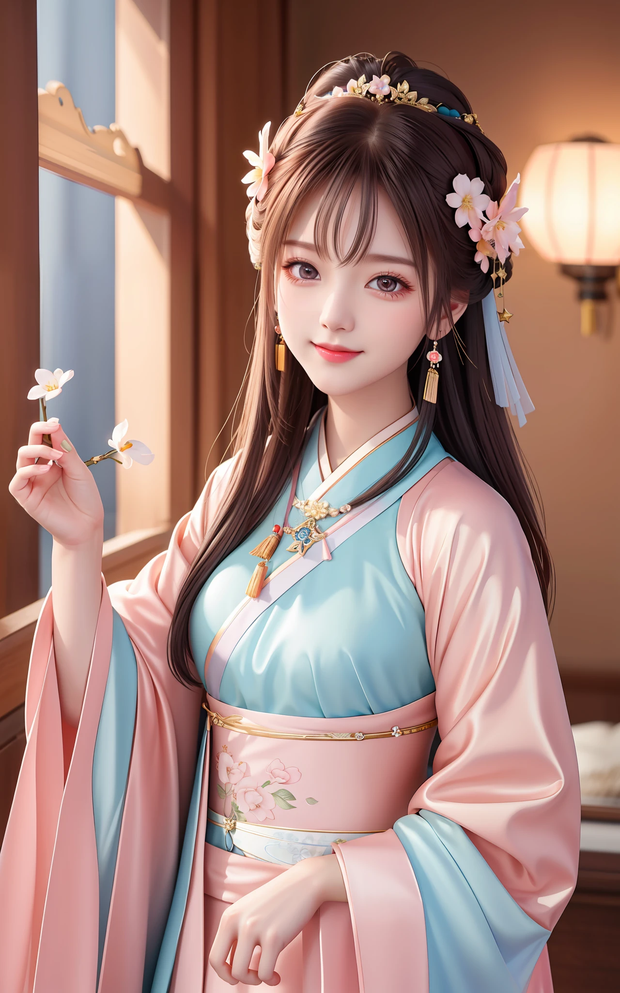 Excellent, Masterpiece, High Resolution, 1girl, Blush, (Charming Smile: 0.8), Star Pupil, Chinese Hanfu, Hair Accessories, Necklace, Jewelry, Beauty, on_body, Tyndall Effect, Realism, Peach Blossom Source, Light Edge, Two-tone Lighting, (High Detail Skin: 1.2), 8K UHD, SLR, Soft Light, High Quality, Volume Lighting, Candid Photo, High Resolution, 4K, 8K, Background Blur