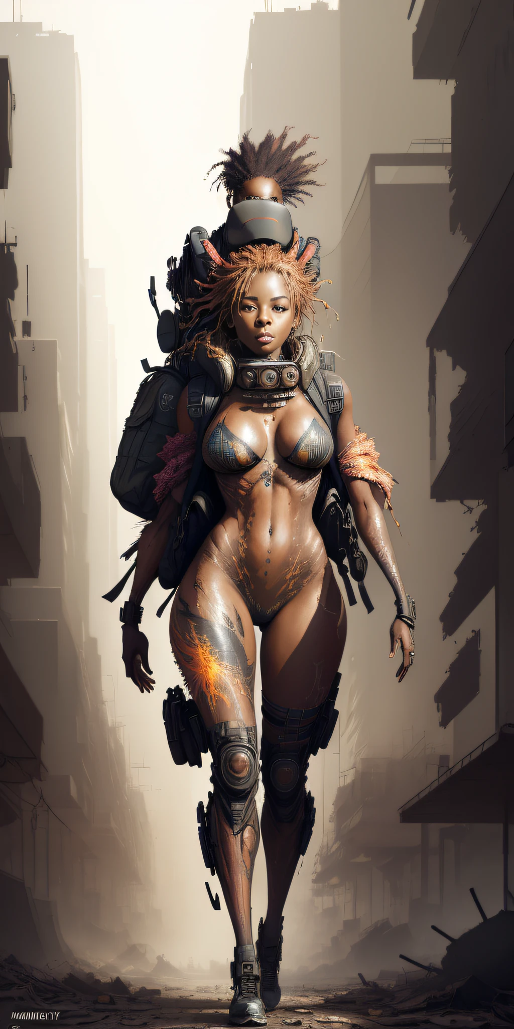 movie scene, a masterpiece (((a beautiful apocalyptic African girl with backpack on her back)))), slender body with large breasts, breasts down, body painting oozing, (walking in a destroyed city behind), whole body, freedom, soul, digital illustration, sci-fi, perfect ??????? whole body, centered, approaching perfection, dynamic, highly detailed, watercolor painting, art station, conceptual art,  smooth, sharp focus, illustration, art by Carne Griffiths and Wadim Kashin, unique, award-winning, masterpiece
