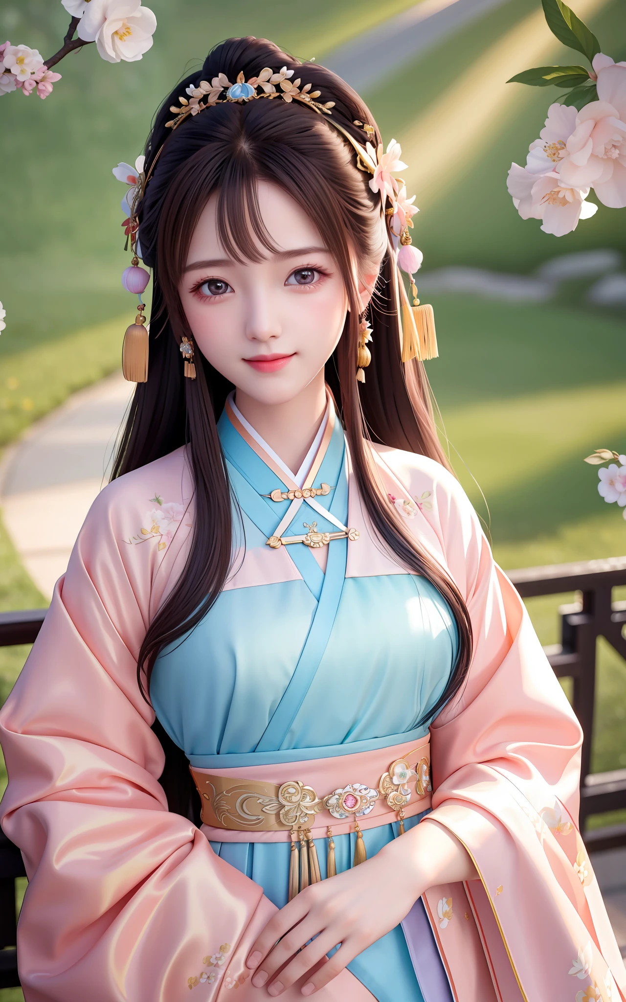 Excellent, Masterpiece, High Resolution, 1girl, Blush, (Charming Smile: 0.8), Star Pupil, Chinese Hanfu, Hair Accessories, Necklace, Jewelry, Beauty, on_body, Tyndall Effect, Realism, Peach Blossom Source, Light Edge, Two-tone Lighting, (High Detail Skin: 1.2), 8K UHD, SLR, Soft Light, High Quality, Volume Lighting, Candid Photo, High Resolution, 4K, 8K, Background Blur