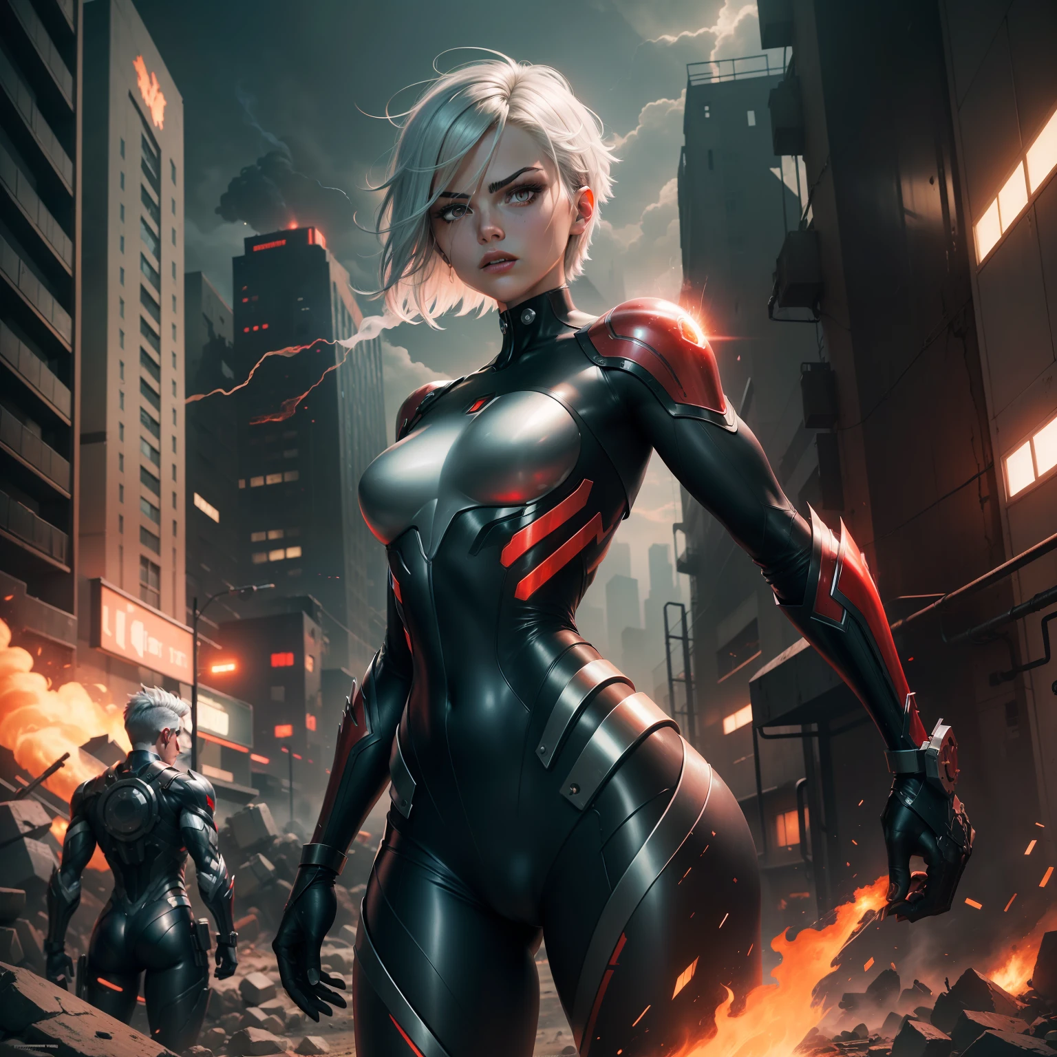 (mechanical parts: 1.5), fighting, bright eyes, short silver hair, red neon, tight metallic supersuit torn, body parts destroyed, dark city of night destroyed, smoke and fire, aura of brilliant power, dynamic pose, dynamic vision