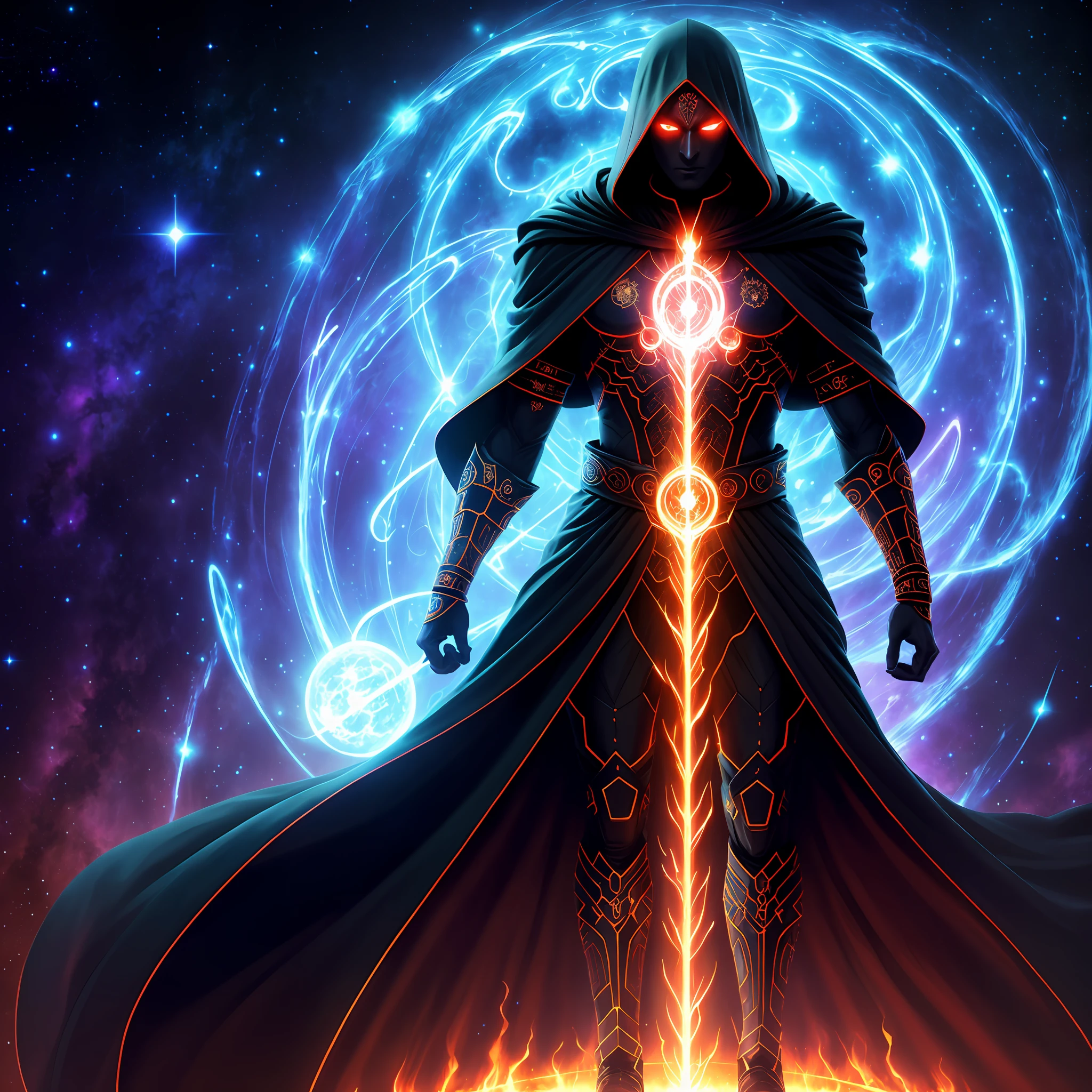 Full body Illustration of (a ((multiple-arm)) demiurge god, he has glowing red tattooed glyphs all over his naked muscular chest, glowing dark blue skin, he wears lich golden and black robes and cloak, mysterious face, evil, cosmic background, meditation pose, ((extra arms))) by Wlop and Artgerm, highres, octane rendered, centered, intricate, masterpiece, cosmic supernovas on the background