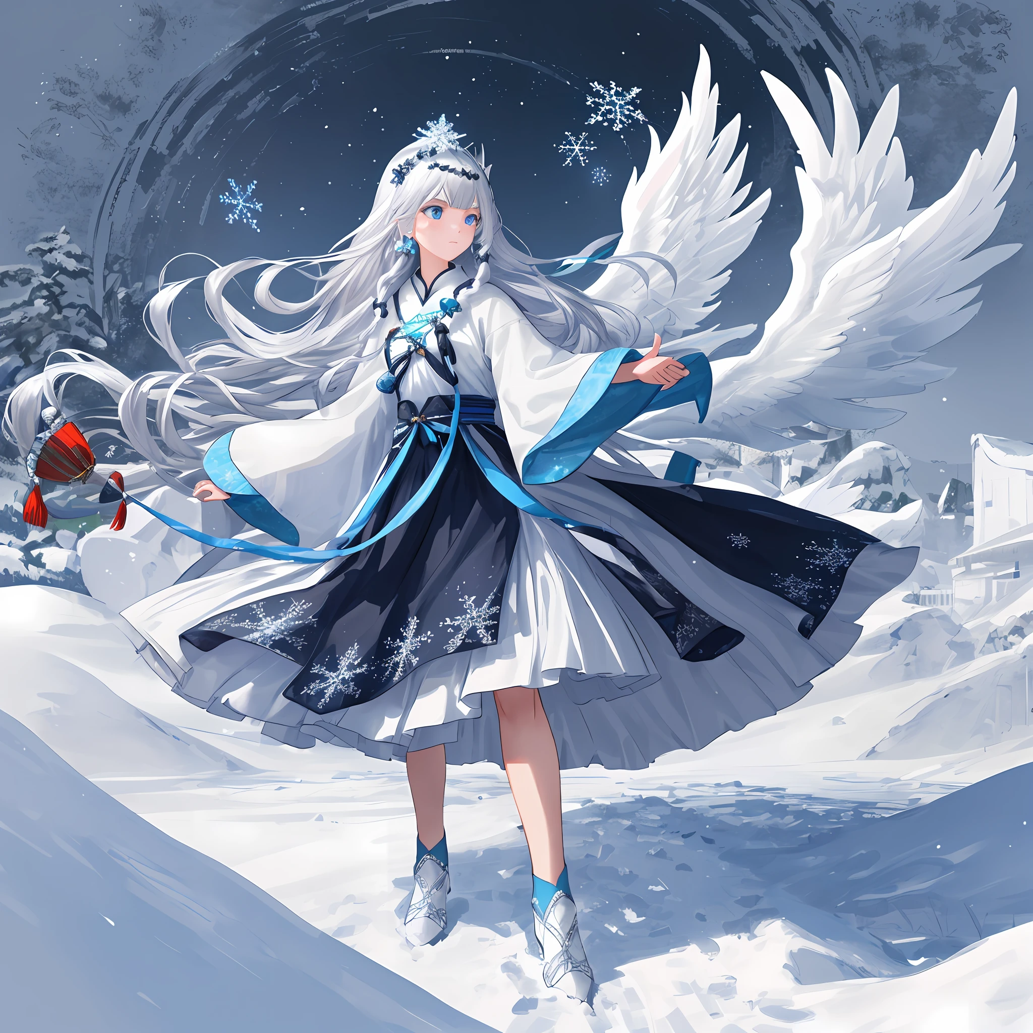 Best texture, high quality, ultra HD, 8K, full body photo, panoramic picture, snow, flying snowflakes, dancing in the snow, girl, full of Miao silver jewelry, Miao clothing, silver phoenix crown, melon seed face, ultra-detailed face, blue eyes, long eyebrows, fair skin, silver long hair, flowing long hair, rising with the wind, snowflake colorful gifts, realistic, very detailed, high detail, ultra-clear,