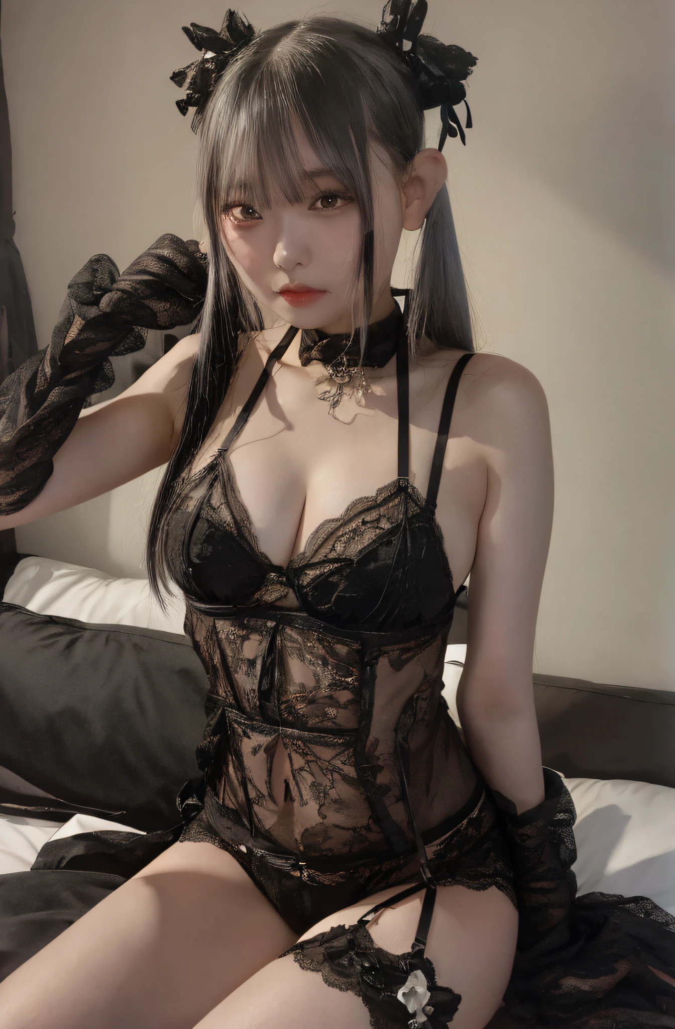 araffe is sitting on a bed wearing a black lingerie, japanese goddess, seductive anime girl, wearing sexy lingerie, anime girl cosplay, lingerie, cruel korean goth girl, very sexy outfit, with black pigtails, 2b, 2 b, sexy look, 中 元 节, captivating and enticing, lingerie!!, 18 years old