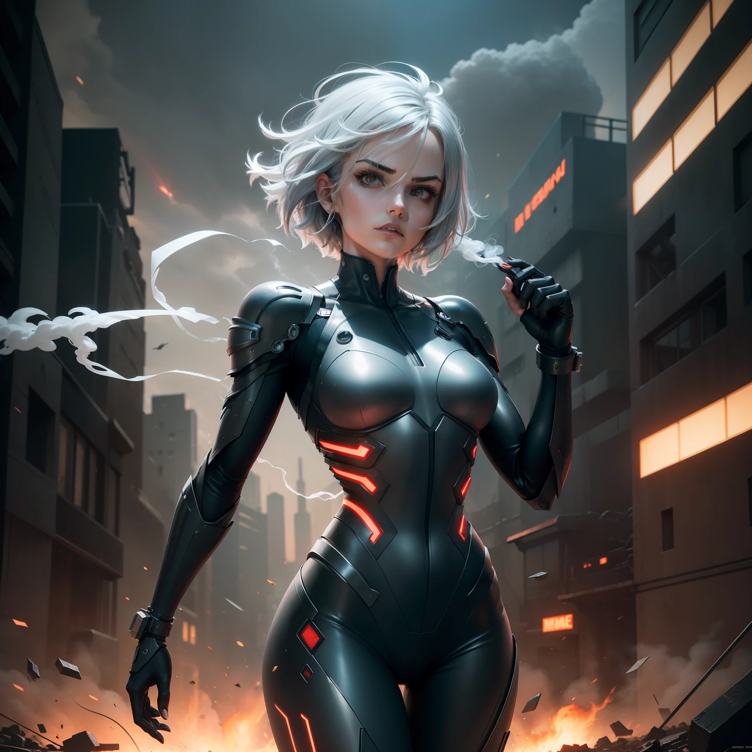(mechanical parts: 1.5), fighting, bright eyes, short silver hair, red neon, tight black supersuit torn, body parts destroyed, dark city of night destroyed, smoke and fire, aura of brilliant power, dynamic pose, dynamic vision