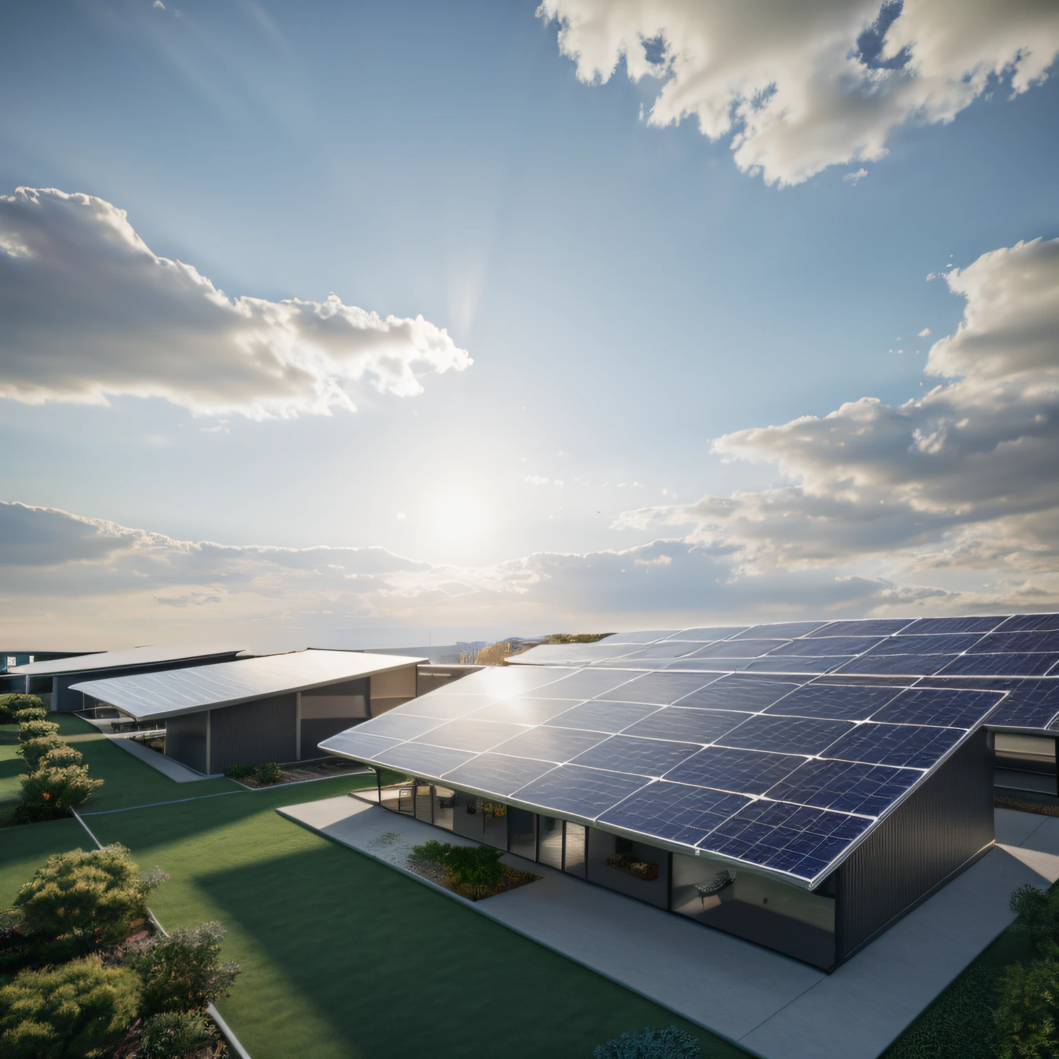 (masterpiece, better quality)), daylight, power plants with solar panels, photorealistic. cinematic lighting. dramatic lighting. , 8k, modern architecture style, realistic photo, hyper detailed photo, sky with clouds
