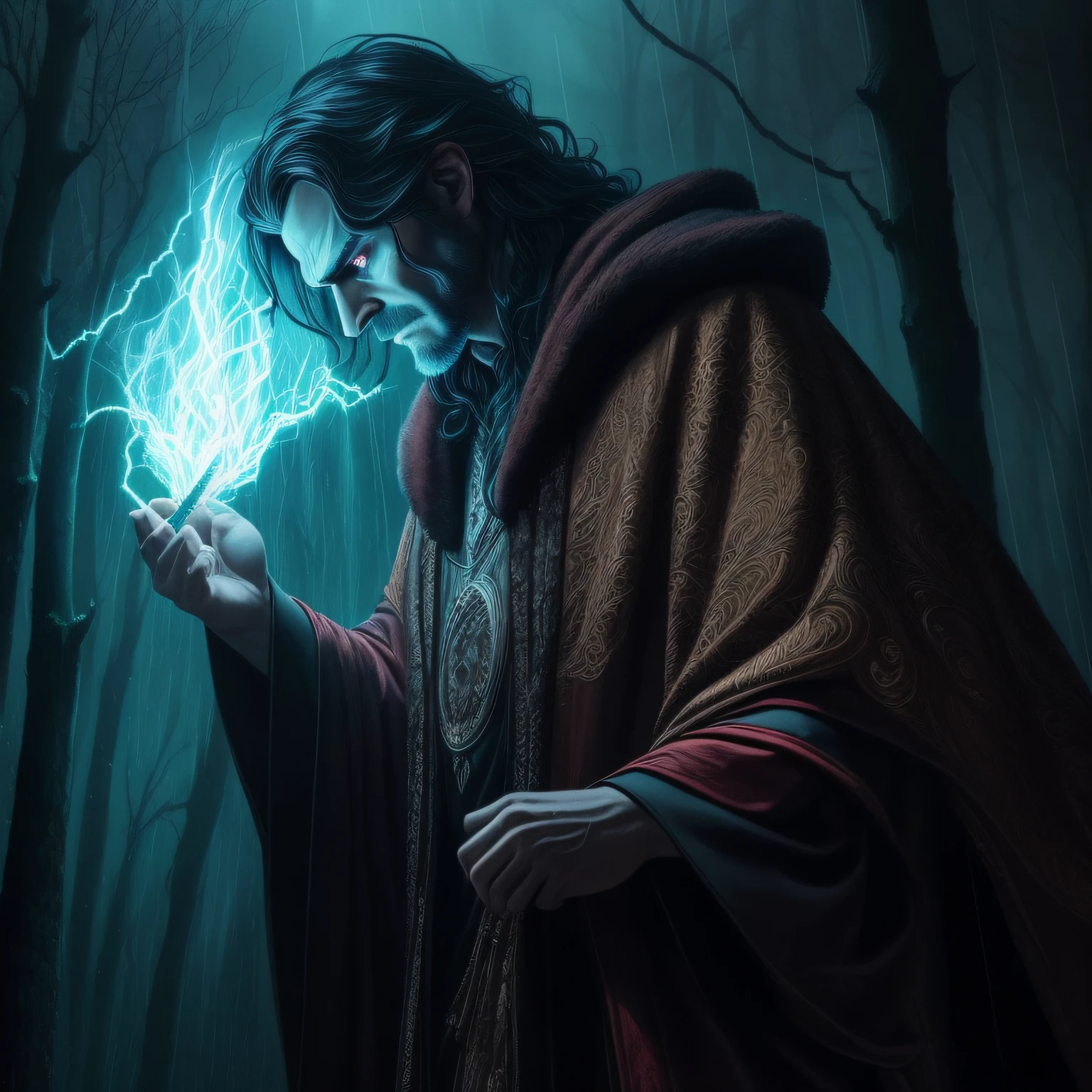 ((best quality)), ((masterpiece)), ((ultra realistic)), beautiful intricately detailed soft oil painting of a dark lord, 1man, evil image with glowing eyes, frowning detailed face, intricately embroidered robes, terrifying, dark, evil forest on a stormy night, lightening, rain, casting a spell, (comic style), glowing rainbow colored magic,