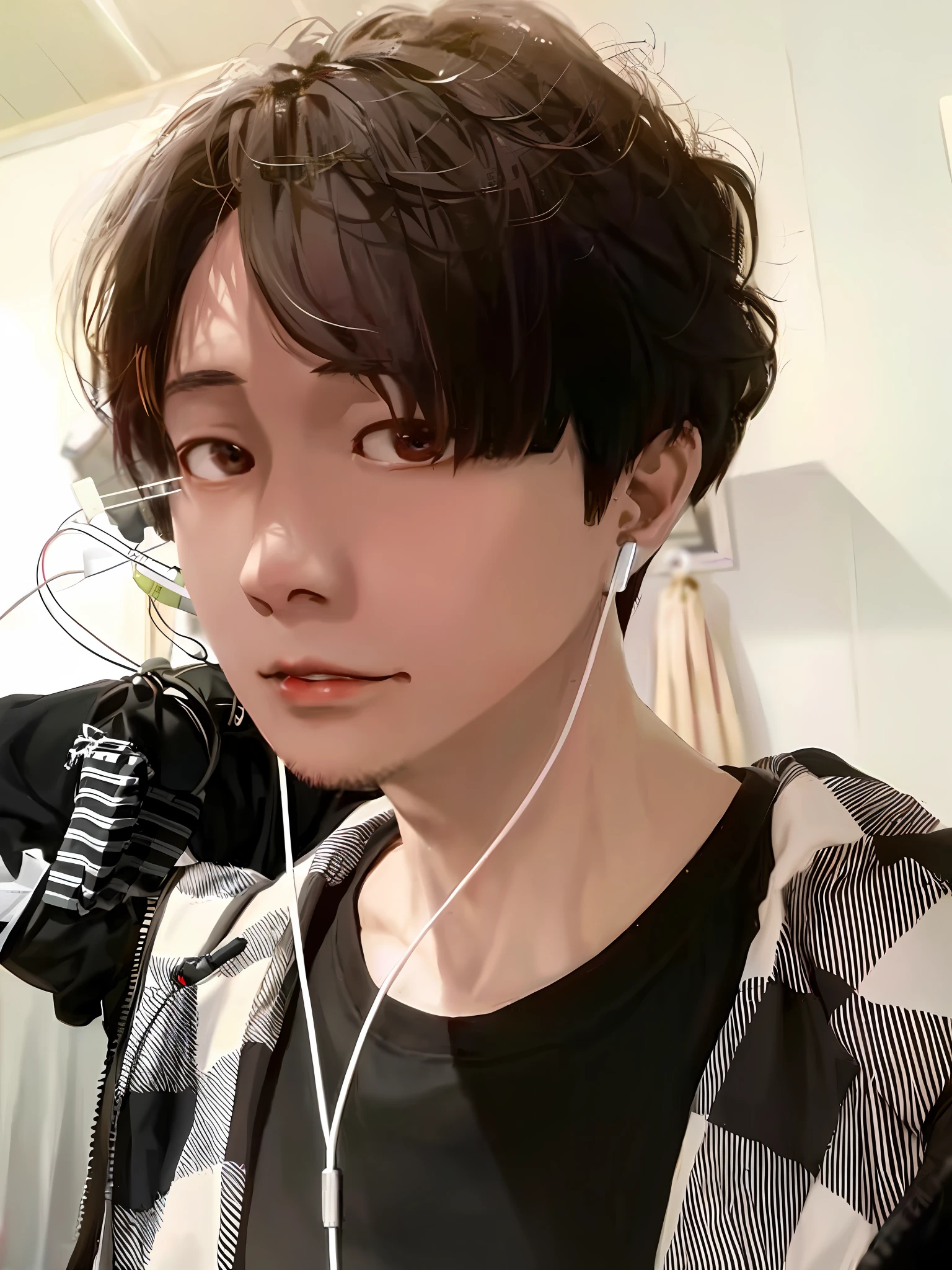 arafed man with earphones and a plaid shirt in a room, hong june hyung, taejune kim, jinyoung shin, yanjun chengt, hyung tae, jaeyeon nam, male ulzzang, by Kanbun Master, black haired yoongi, with head phones, seseon yoon, with short hair, with headphones, inspired by jeonseok lee, jungkook