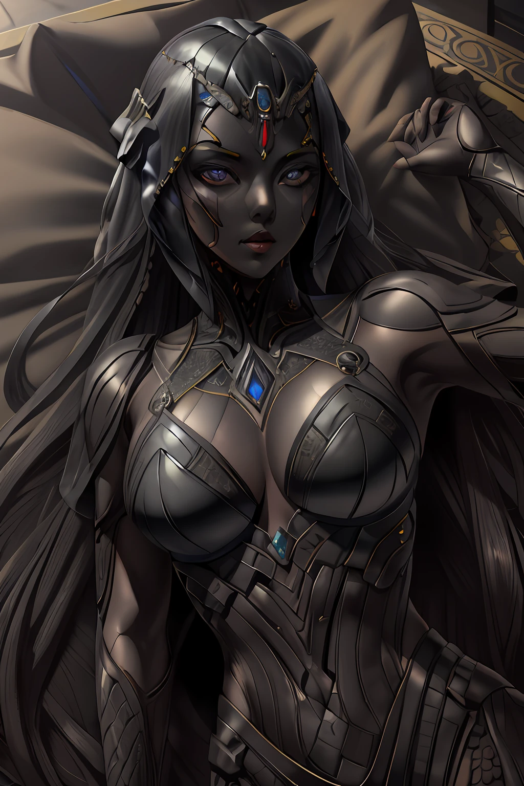 Beautiful Girl, (Best Quality), ((Masterpiece)), ((Ultra Realistic Details)), Global Illumination, Shadows, 8K, Super Sharp, Cool Colors, Egyptian Details, Highly Intricate Details, Realistic Light, CGsociety Trend, Glowing Eyes, Facing Camera, Lying Down, Wearing Black Silk, Perfect Proportions, Eye Proportions Coordinated, Asian Human Proportions