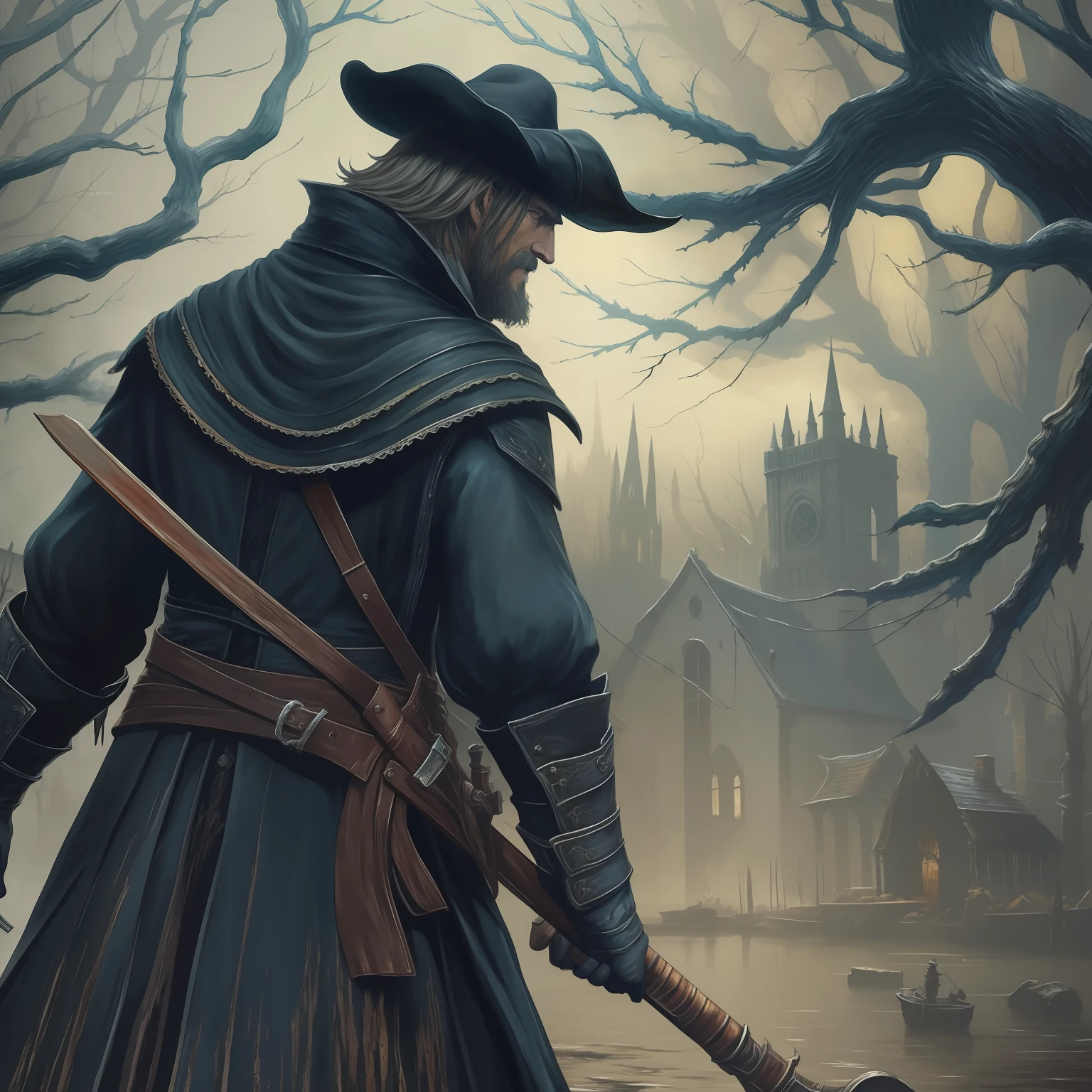 Bloodborne game, oil paint,estilo van gogh