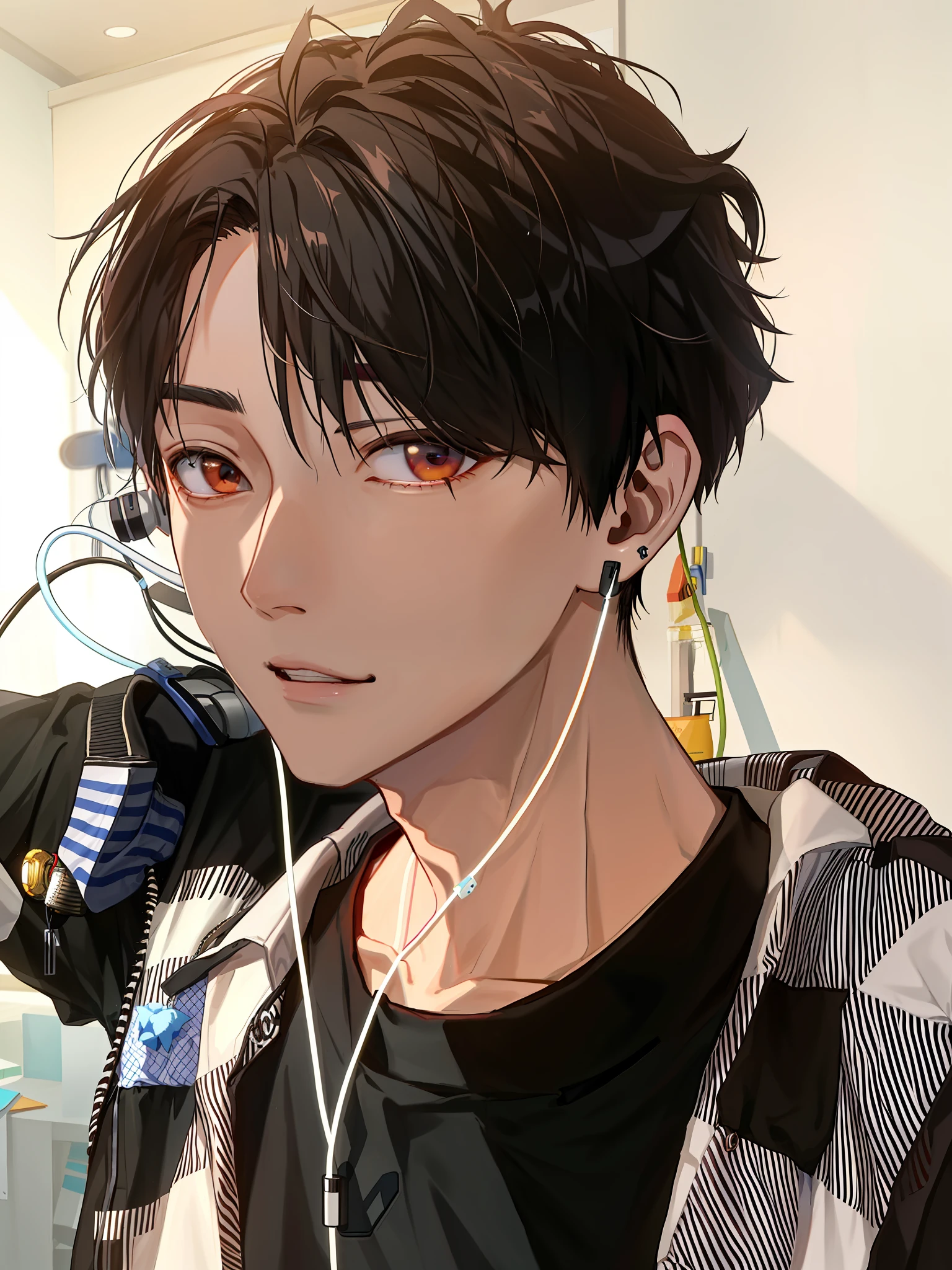 arafed man with earphones and a plaid shirt in a room, hong june hyung, taejune kim, jinyoung shin, yanjun chengt, hyung tae, jaeyeon nam, male ulzzang, by Kanbun Master, black haired yoongi, with head phones, seseon yoon, with short hair, with headphones, inspired by jeonseok lee, jungkook