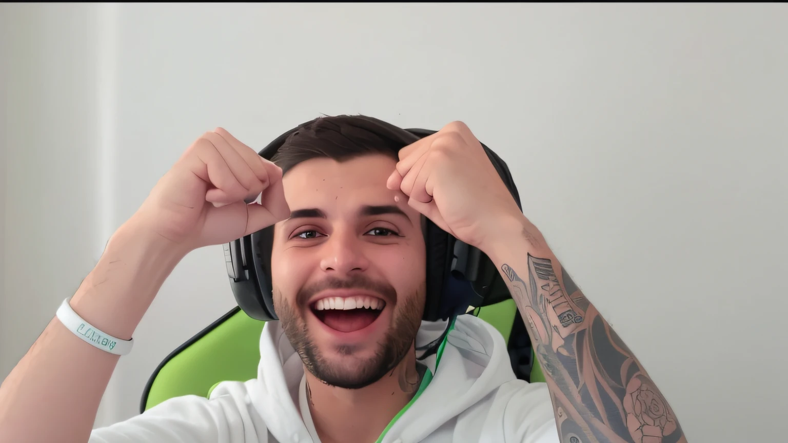 There's a man with headphones on and a tattoo on his arm, happy with his mouth open, very excited, /r/razer, he's very happy, insane smile, Twitch streamer, Twitch emote, he's screaming, Twitch streamer/gamer Ludwig, extremely happy, h3h3, excited, bringing his hands up to his face, Matthew 9 5uma