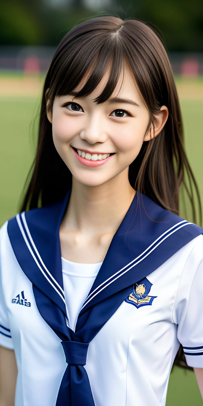 neat college girl, petite, sailor suit, school uniform, outside the athletic field, (slim, small, flat, small), photorealistic, detail, skin texture, ultra detail, delicate and sexy collarbone, smile, super detailed face, detailed lips, detailed eyes, double eyelids