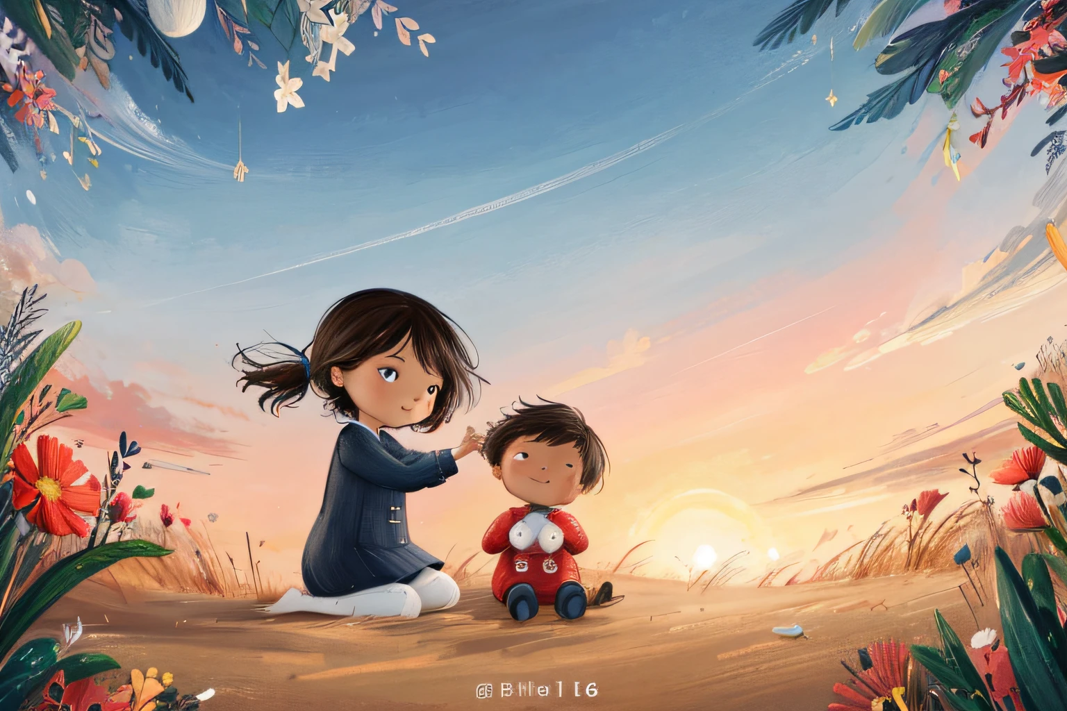 A heartwarming image of a child, reminiscent of Roko's illustrations. The child should be outdoors, surrounded by seasonal flowers and fruits, engaging in a playful activity like a picnic or a sports day. The medium is a high-resolution photograph, but the style should reflect the soft, warm colors and innocent charm of Roko's artwork. The lighting should be natural and bright, enhancing the vibrant colors of the scene and casting a youthful glow on the child's face. The composition should be a close-up shot of the child, capturing their joy and curiosity, with the colorful backdrop slightly blurred to create depth. Use a high-resolution 16k camera with an 85mm lens for a shallow depth of field. --ar 16:9 --v 5.1 --style raw --q 2 --s 750