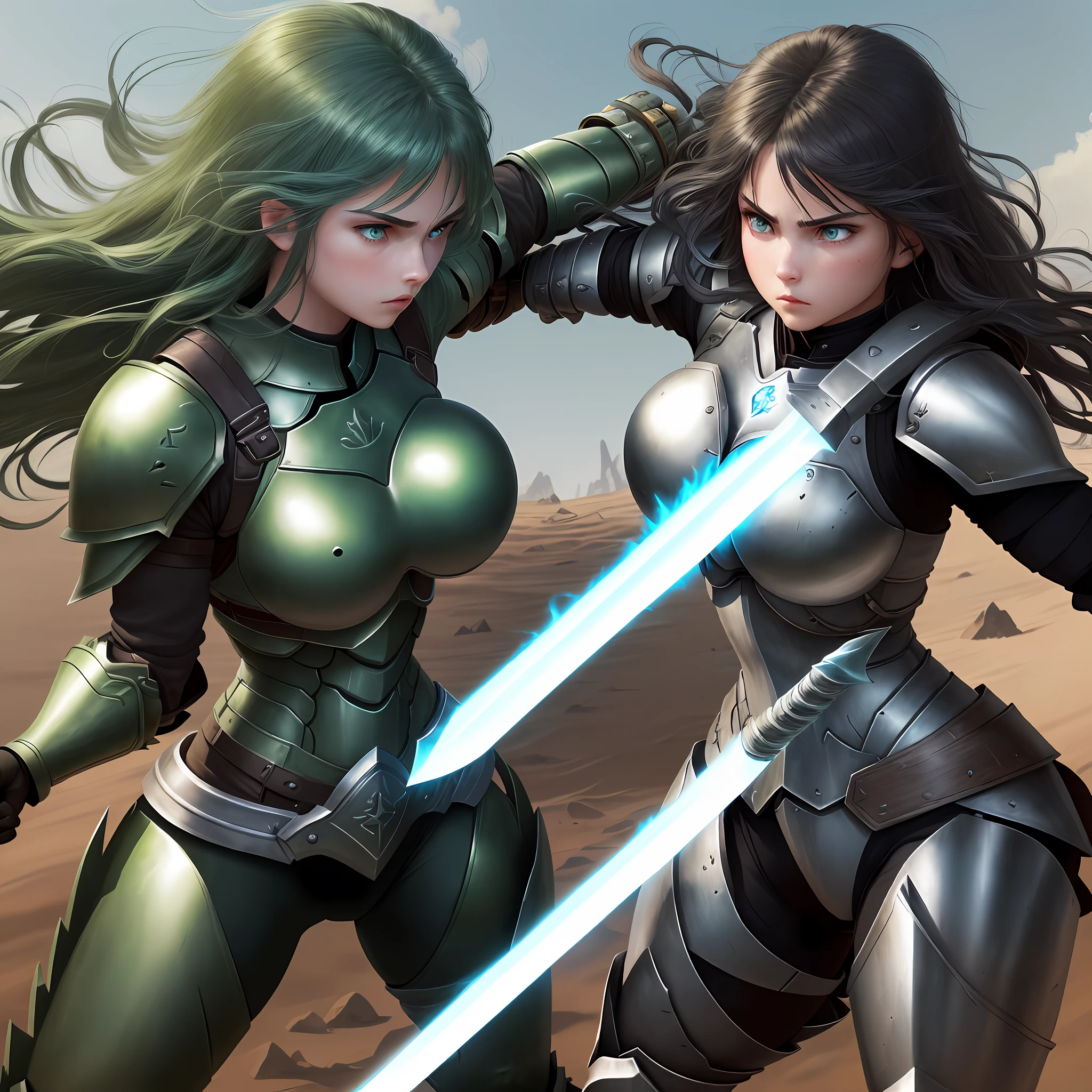 Two girl warrior fighting each other ( 1st girl with huge breast full armor and steel spear in her handshort hair, black, green eyes) (2nd girl with blue eyes , full of steel armor, huge breast , one hand sword, black long hair)