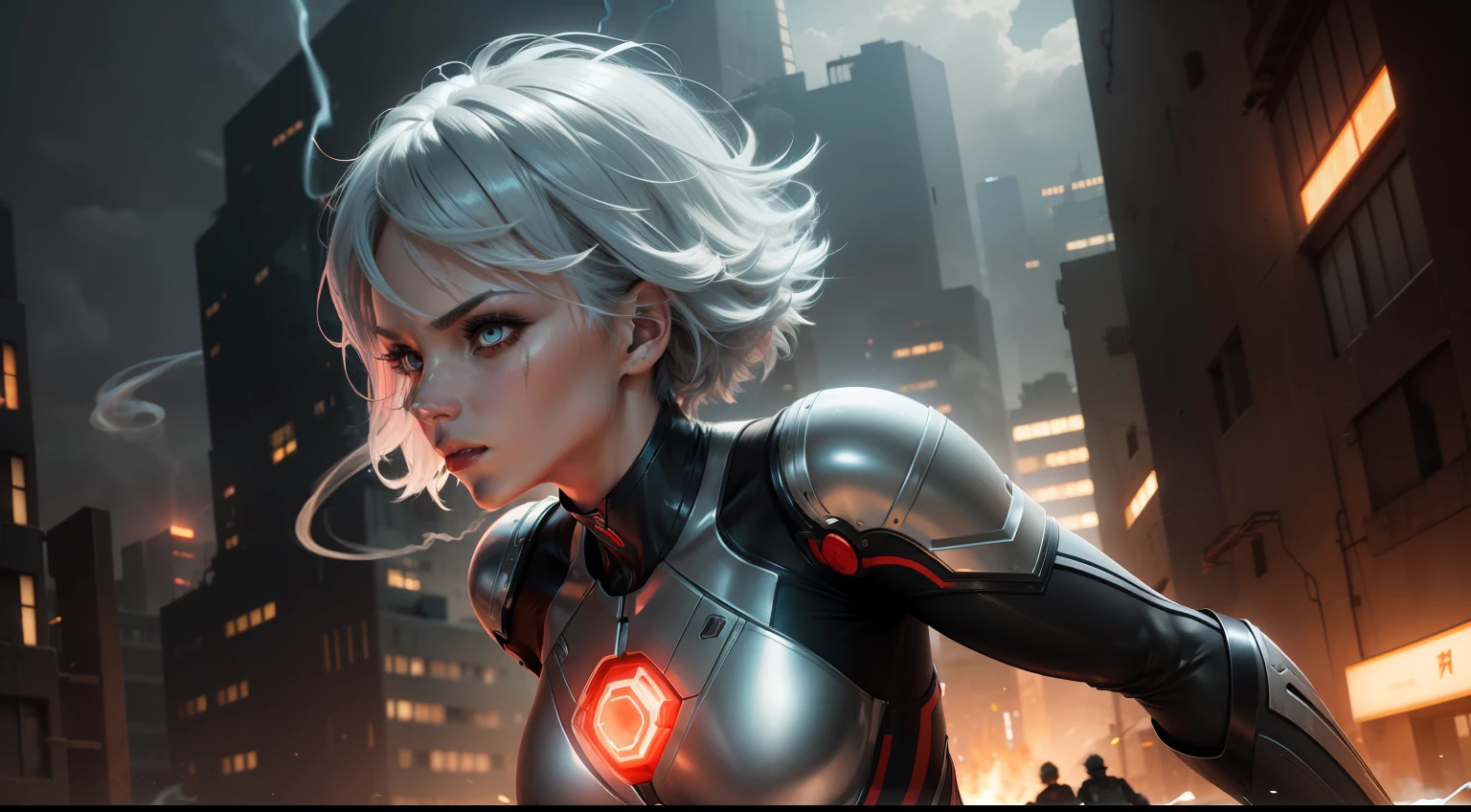 (mechanical parts: 1.5), fighting, bright eyes, short silver hair, red neon, tight metallic supersuit torn, body parts destroyed, dark city of night destroyed, smoke and fire, aura of brilliant power, dynamic pose, dynamic vision