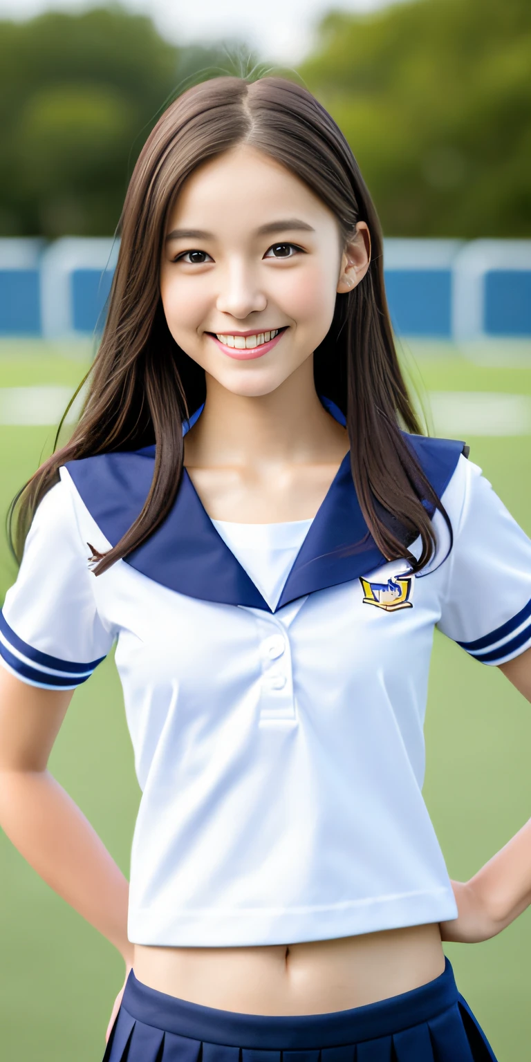 neat college girl, petite, sailor suit, school uniform, outside the athletic field, (slim, small, flat, small), photorealistic, detail, skin texture, ultra detail, delicate and sexy collarbone, smile, super detailed face, detailed lips, detailed eyes, double eyelids