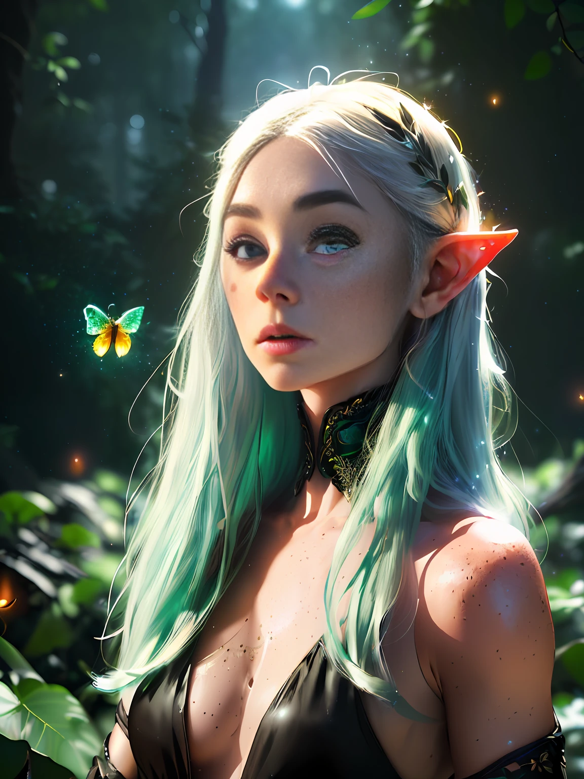 a portrait of a elf girl with freckles and bright striking blue eyes posing for a photo,full body, bare shoulders, muscular, fit, defined abs, thongs, (prominent cameltoe) white freckles, long flowing green hair flying, glowing radiance, beautiful pale makeup, color portrait, stunning portrait, elegant freckles, wearing black thongs with glowing runes of power, black gloves, star-shine, gold dust spread across her skin and her face, (dark, hyper-realistic photos (((portrait))) refraction ,Dark background of magical night forest, deep woods, towering ruins, starlight skies, A mystical and epic landscape, featuring a fantastical and surreal world of floating islands, giant trees, and mythical creatures, that transport the viewer to a world of imagination and wonder, artstation, digital art, intricate, trending, bright colors suitable for viewing in public places A masterpiece, the best quality, stunning reflections, the best reflections ever. (very detailed CG unity 8k wallpapers), (best quality), (best illustrations), (best shadows), forest theme with natural elements. Tall trees, quiet streams, small glowing mushrooms surrounded by delicate leaves and branches, with fireflies and glowing particle effects,, (natural elements), (jungle theme), (leaves), (twigs), (fireflies), butterflies, (delicate leaves), (glow), (particle effects). , Isometric 3D, Octane Rendering, Ray Traced, Super Detailed