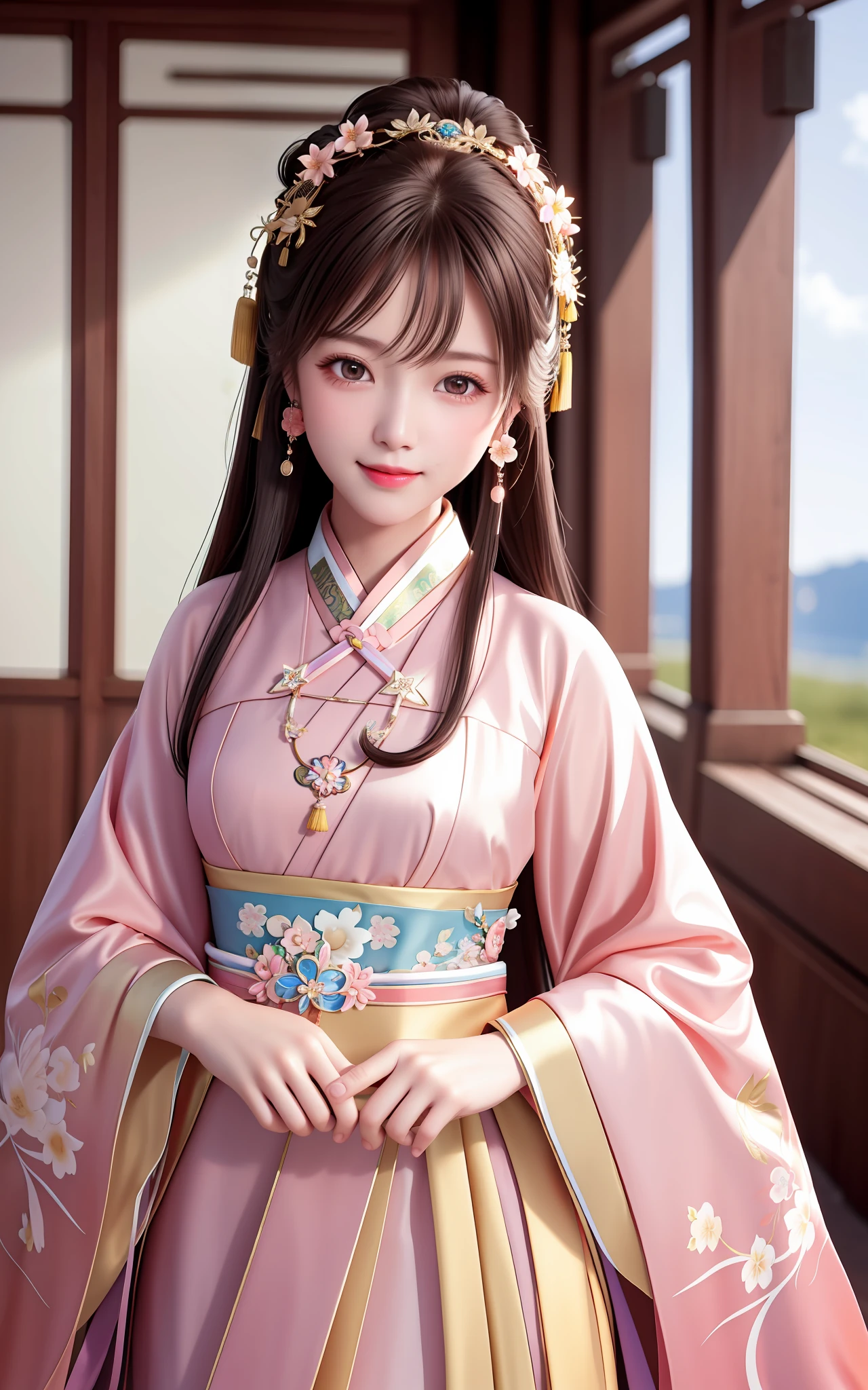 Excellent, Masterpiece, High Resolution, 1girl, Blush, (Charming Smile: 0.8), Star Pupil, Chinese Hanfu, Hair Accessories, Necklace, Jewelry, Beauty, on_body, Tyndall Effect, Realism, Peach Blossom Source, Light Edge, Two-tone Lighting, (High Detail Skin: 1.2), 8K UHD, SLR, Soft Light, High Quality, Volume Lighting, Candid Photo, High Resolution, 4K, 8K, Background Blur