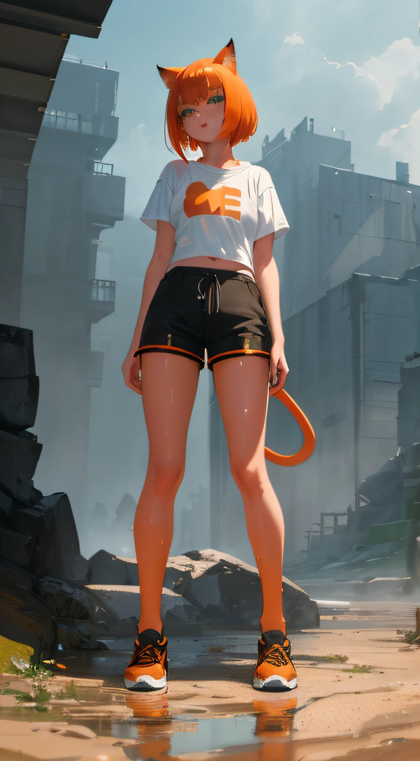 (((masterpiece))), full body frame, one beautiful girl with bob cut pale skin, looking over back, (short orange hair), (cat ear), (green eyes), (orange tail), ((wet)), ((Wet T-shirt)), rain, cloud, summer, (dirty feet), (shorts), (sneakers), model shoot style, freckles, stocking, dynamic hair, perfect body, small breast, highly detailed, more details, cinematic atmosphere, fog, precise correct anatomy, epic scene, artstation, dynamic lighting, post-processing, global illumination, detailed and intricate environment, modelshoot style, 8K UHD, concept art, octane render