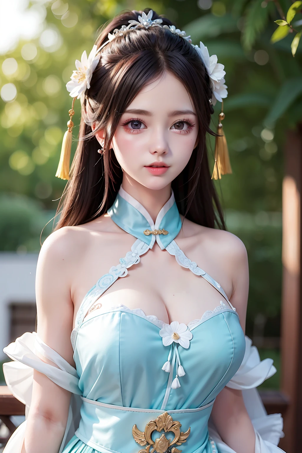 nfsw,best quality,illustration, an extremely delicate and beautiful, extremely detailed ,CG ,unity ,8k wallpaper, Amazing, finely detail, masterpiece,best quality,official art, ,ultra-detailed, highres,beautiful detailed girl, extremely detailed eyes and face,light on face,cute, (MAKEUP),1 girl,20 years old,(large breasts, :1.1),narrow waist,chinese clothes,Detailed outdoor,(blurry_background:1.4),.