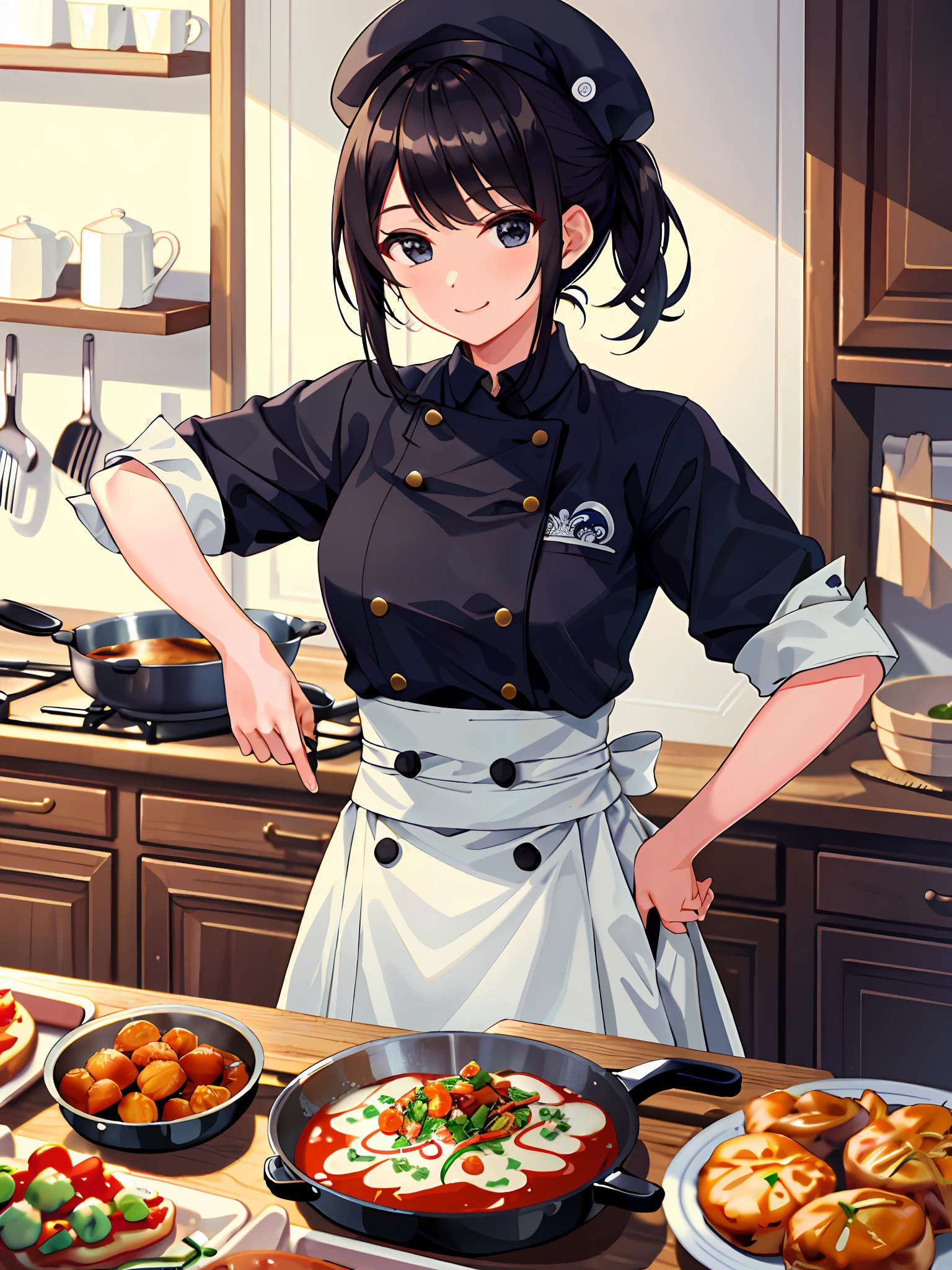 (masterpiece, top quality, detailed background, intricate details), fancy kitchen, 1 girl, chef, cooking, black hair, chef hat, chef uniform, smile