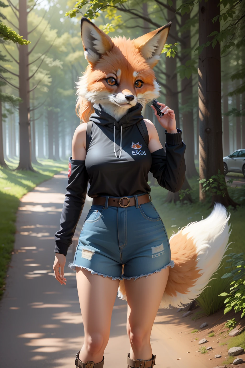 Photo RAW, uhd, dslr, high quality, realistic, realistic photo, dreamlikeart, lens flare, standing, upper body, looking at viewer, animal focus, furry, fursuit, 1girl, fox, cute, kawaii, adorable, skin, skin head, narrow waist, fox ears, paw, paw shoes