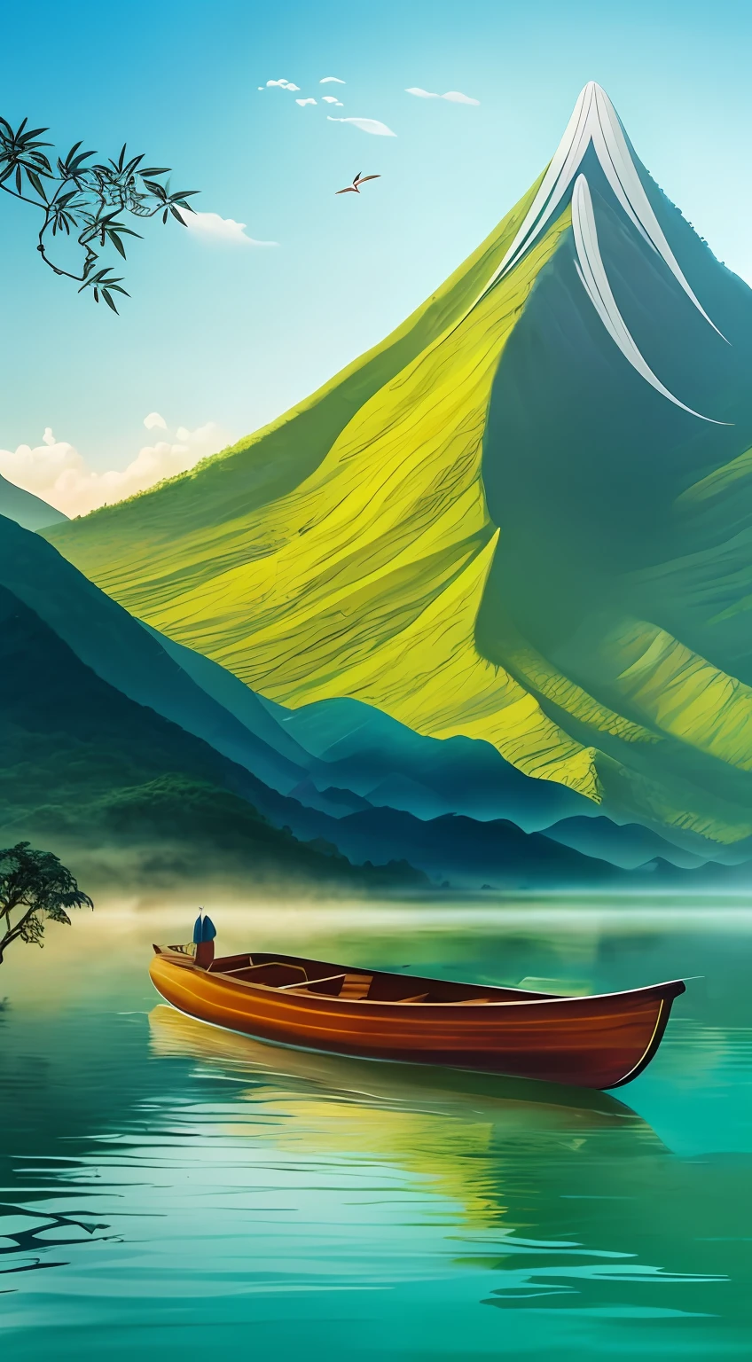 painting of a boat in a lake with a mountain in the background, fantasy. gondola boat, dreamy matte painting, wallpaper mobile, flat matte painting, mobile wallpaper, optimistic matte painting, surreal gediminas pranckevicius, beautiful oil matte painting, magic realism matte painting, matte painting scenery, epic matte painting of an island