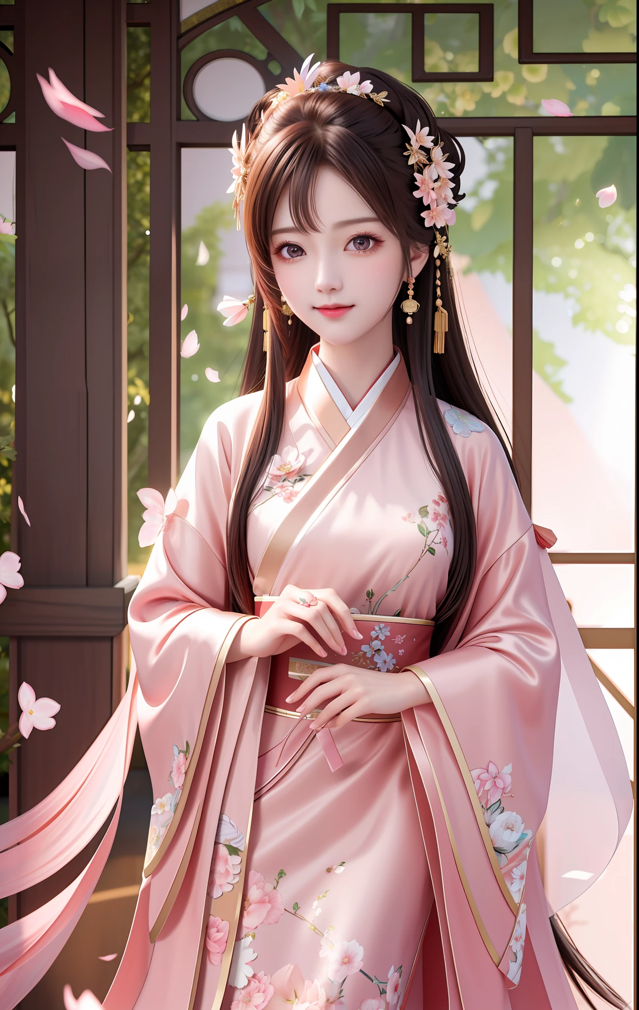 Superb Quality, Masterpiece, High Resolution, 1Girl, Blush, (Charming Smile: 0.8), Star Eyes, Chinese Hanfu, Hair Accessories, Jewelry, Beauty, on_body, Tyndall Effect, Realistic, Peach Blossom Forest, Light Edge, Two-tone Lighting, (High Detail Skin: 1.2), 8K UHD, DSLR, Soft Light, High Quality, Volume Lighting, Voyeur, Photo, High Resolution, 4K, 8K, Background Blur