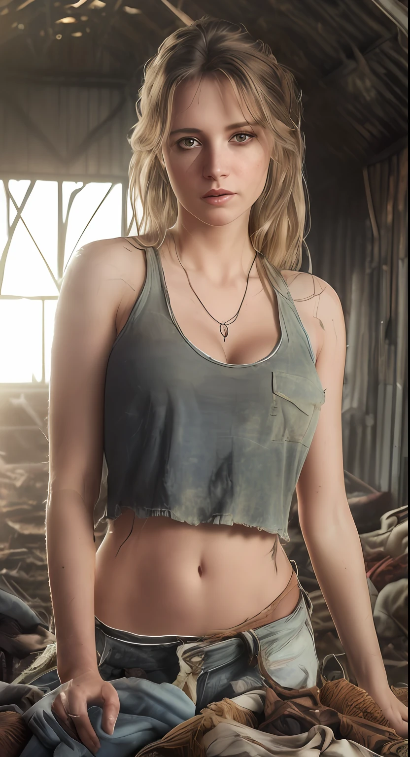 hyper real photo of ((woman inside a cluttered barn wearing sexy worn-out torn cotton tanktop)), ((detailed realistic face and eyes)), cinematic lighting, 8k resolution, (modelshoot style), sunset, (from_below:1.4), soft small covered by (ripped torn cotton tanktop), natural breasts