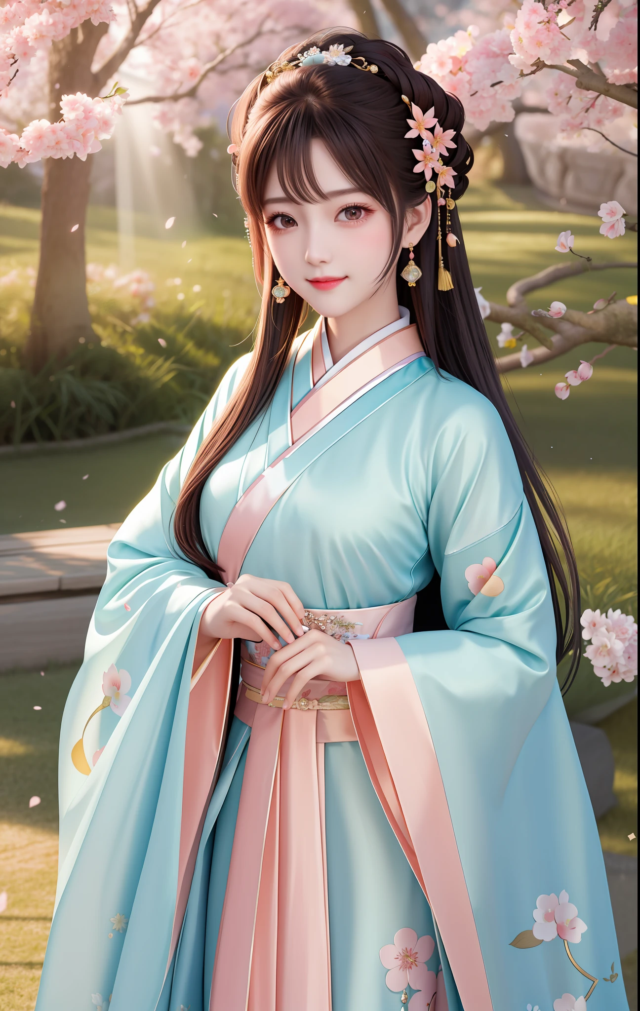 Superb Quality, Masterpiece, High Resolution, 1Girl, Blush, (Charming Smile: 0.8), Star Eyes, Chinese Hanfu, Hair Accessories, Jewelry, Beauty, on_body, Tyndall Effect, Realistic, Peach Blossom Forest, Light Edge, Two-tone Lighting, (High Detail Skin: 1.2), 8K UHD, DSLR, Soft Light, High Quality, Volume Lighting, Voyeur, Photo, High Resolution, 4K, 8K, Background Blur