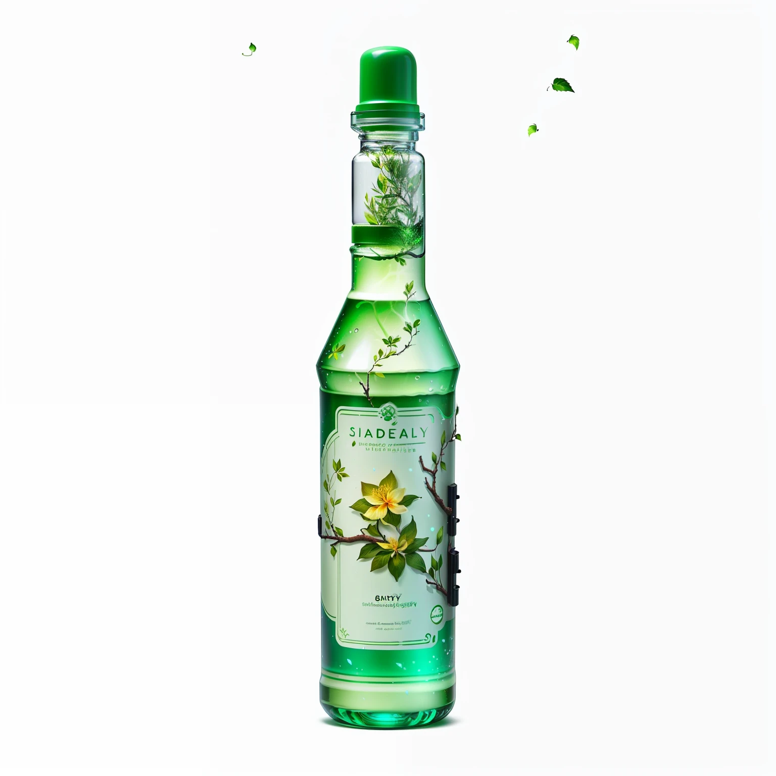 A flower water product picture, masterpiece, best quality, (very detailed CG unity 8k wallpaper), (best quality), (best illustration), (best shadow), forest theme with natural elements. Cozy stream, surrounded by delicate leaves and branches, (natural elements), (jungle theme), (leaves), (branches), (fireflies), (delicate leaves), (glow), (particle effects). Isometric 3D, Octane rendering, ray tracing, super detailed