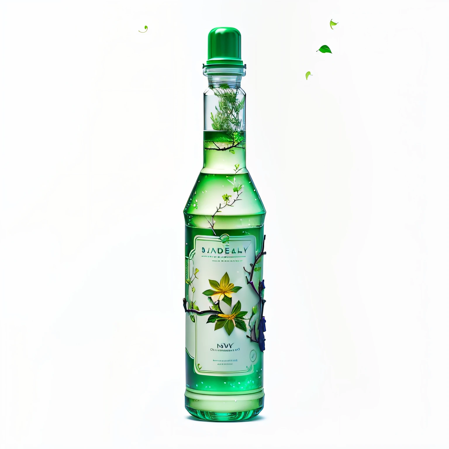 A flower water product picture, masterpiece, best quality, (very detailed CG unity 8k wallpaper), (best quality), (best illustration), (best shadow), forest theme with natural elements. Cozy stream, surrounded by delicate leaves and branches, (natural elements), (jungle theme), (leaves), (branches), (fireflies), (delicate leaves), (glow), (particle effects). Isometric 3D, Octane rendering, ray tracing, super detailed