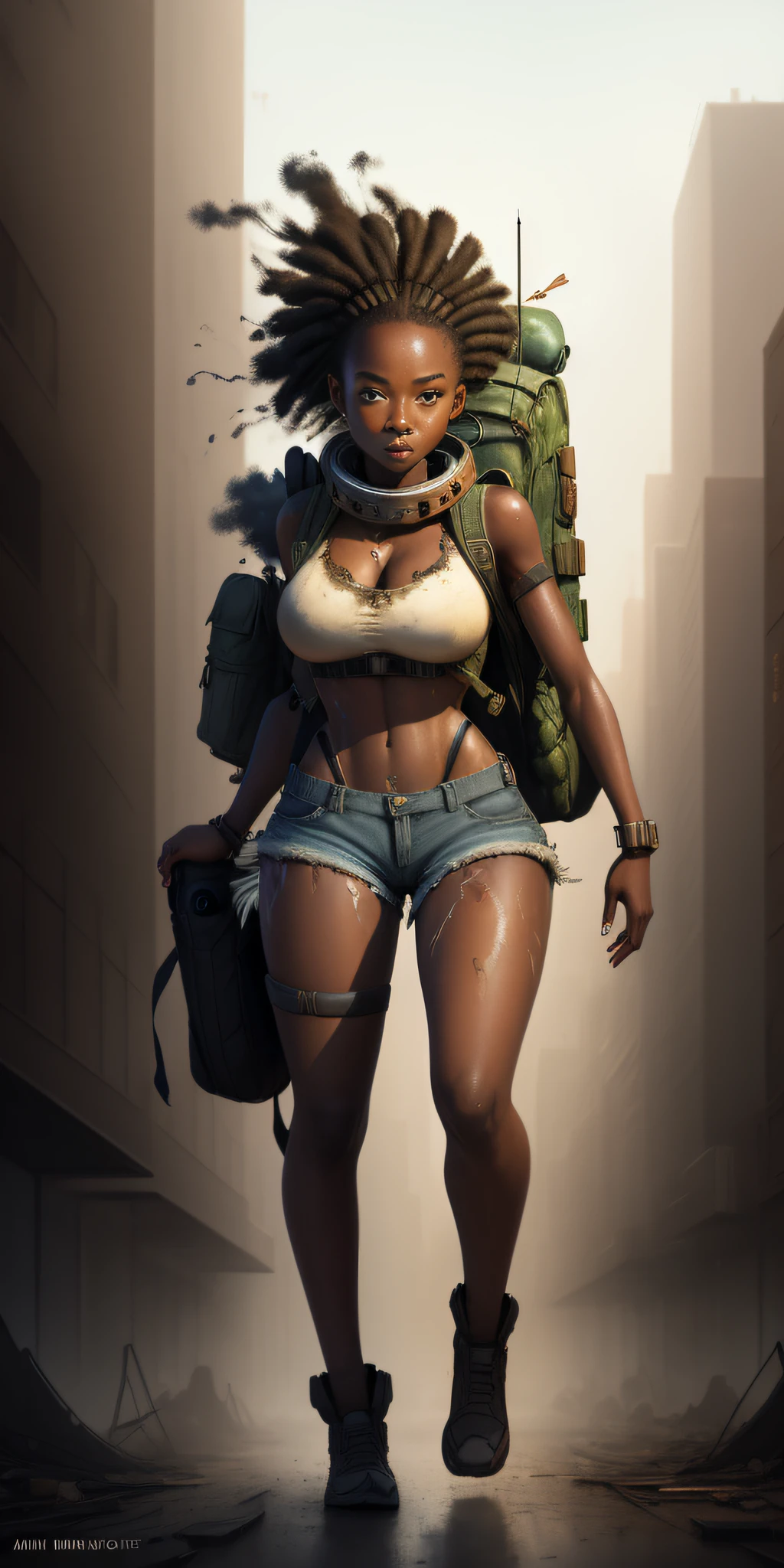 movie scene, a masterpiece (((a beautiful apocalyptic African girl with backpack on her back, short ripped shorts)))), slender body with very large breasts, breasts down, body painting dripping, (walking in a destroyed city behind), whole body, freedom, soul, digital illustration, sci-fi, perfect anatomy whole body, centered, approaching perfection, dynamic, highly detailed, watercolor painting, art station, concept art, smooth, sharp focus, illustration, unique, award-winning, masterpiece